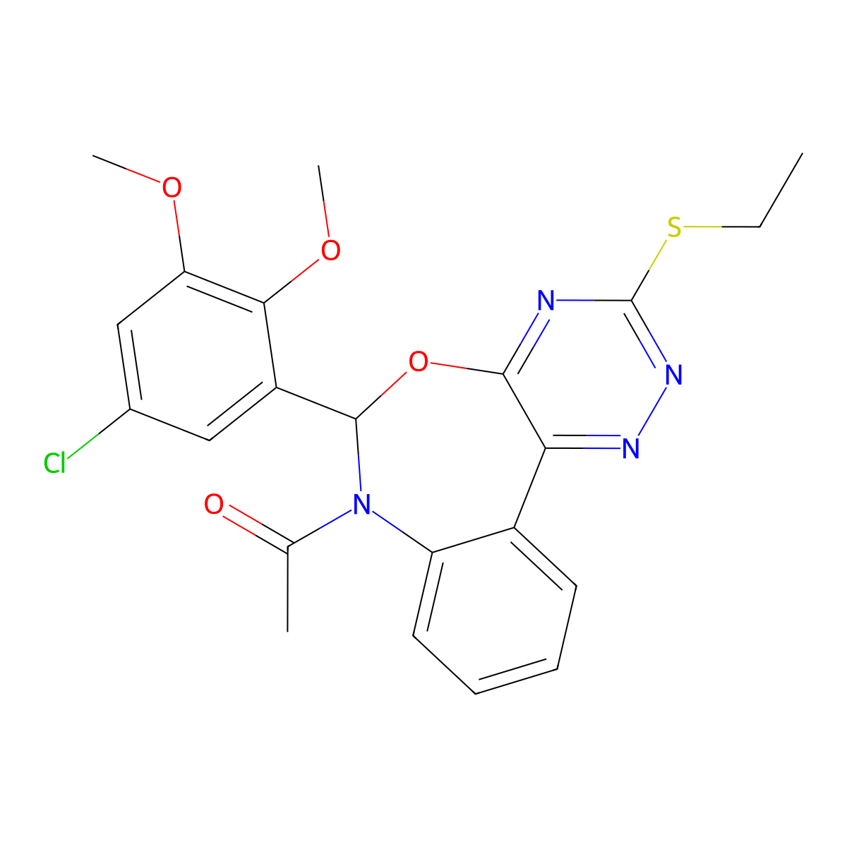 1-[6-(5-chloro-2,3-dimethoxyphenyl)-3-ethylsulfanyl-6H-[1,2,4]triazino[5,6-d][3,1]benzoxazepin-7-yl]ethanone molecular structure, CAS 354776-15-1