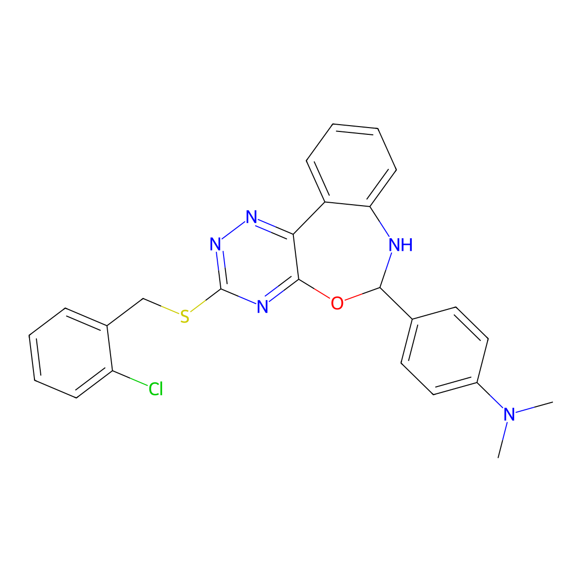 4-[3-[(2-chlorophenyl)methylsulfanyl]-6,7-dihydro-[1,2,4]triazino[5,6-d][3,1]benzoxazepin-6-yl]-N,N-dimethylaniline molecular structure, CAS 354776-52-6