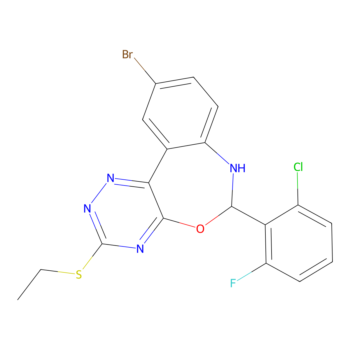 10-Bromo-6-(2-chloro-6-fluorophenyl)-3-ethylsulfanyl-6,7-dihydro-[1,2,4]triazino[5,6-d][3,1]benzoxazepine molecular structure, CAS 354776-66-2