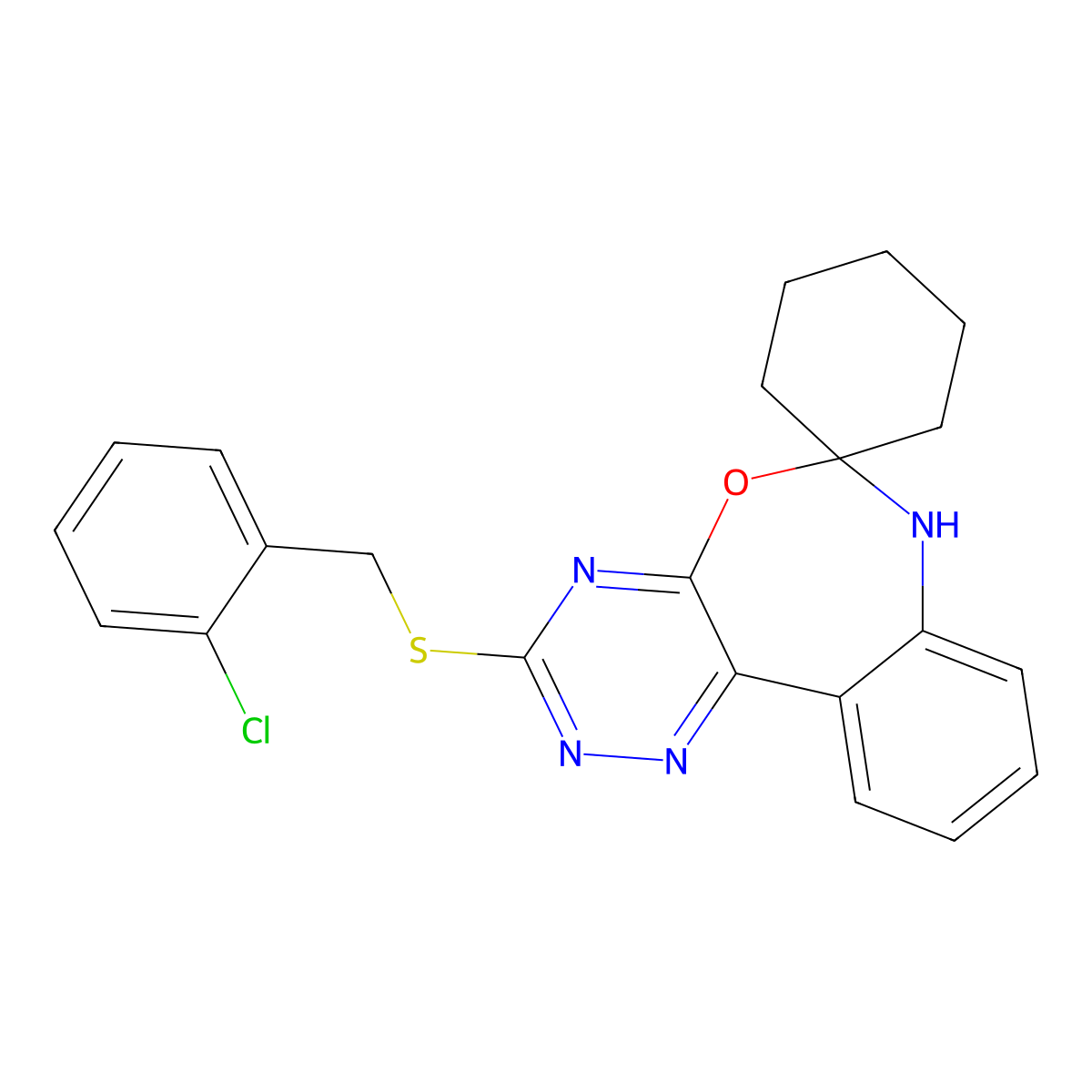 3-[(2-chlorophenyl)methylsulfanyl]spiro[7H-[1,2,4]triazino[5,6-d][3,1]benzoxazepine-6,1'-cyclohexane] molecular structure, CAS 354776-78-6