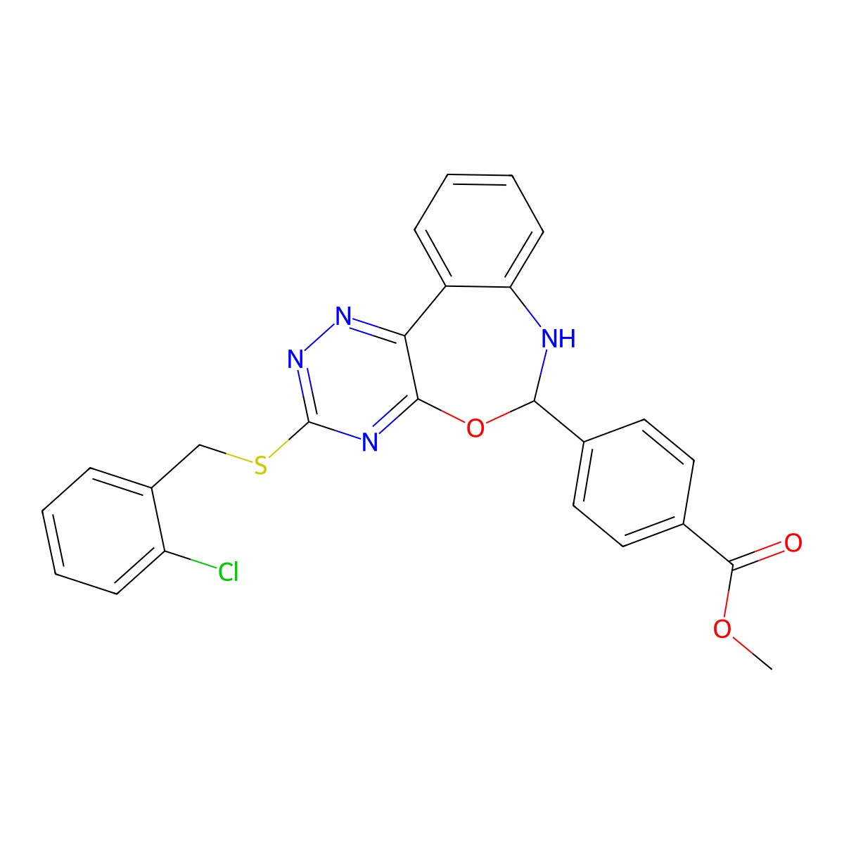 Methyl 4-[3-[(2-chlorophenyl)methylsulfanyl]-6,7-dihydro-[1,2,4]triazino[5,6-d][3,1]benzoxazepin-6-yl]benzoate molecular structure, CAS 354776-96-8