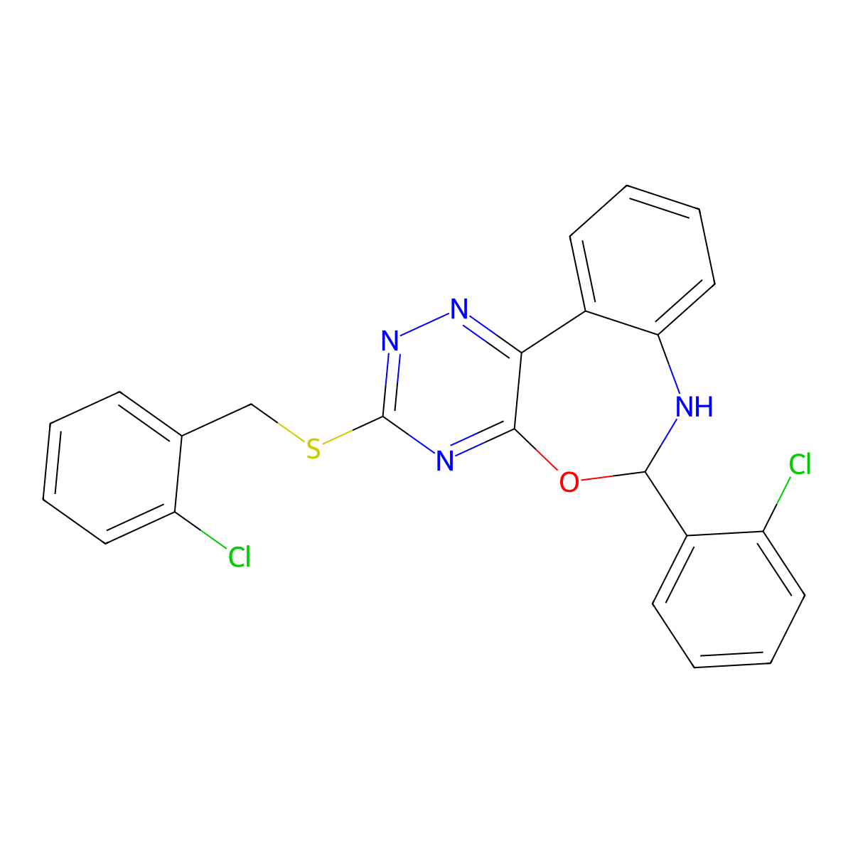 6-(2-Chlorophenyl)-3-[(2-chlorophenyl)methylsulfanyl]-6,7-dihydro-[1,2,4]triazino[5,6-d][3,1]benzoxazepine molecular structure, CAS 354777-03-0