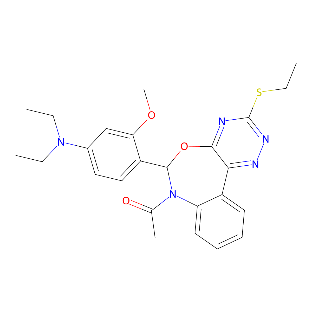 1-[6-[4-(diethylamino)-2-methoxyphenyl]-3-ethylsulfanyl-6H-[1,2,4]triazino[5,6-d][3,1]benzoxazepin-7-yl]ethanone molecular structure, CAS 354777-21-2