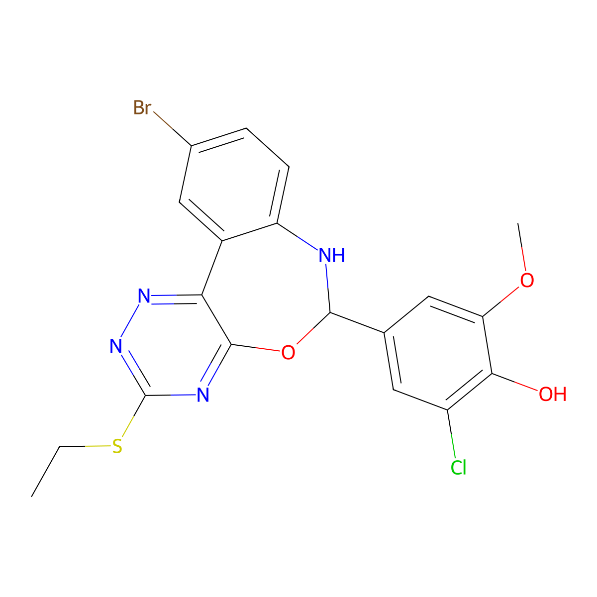 4-[10-Bromo-3-(ethylsulfanyl)-6,7-dihydro[1,2,4]triazino[5,6-d][3,1]benzoxazepin-6-yl]-2-chloro-6-methoxyphenol molecular structure, CAS 354777-42-7