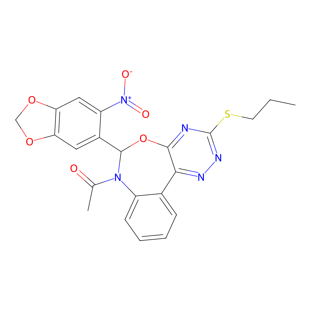 1-[6-(6-nitro-1,3-benzodioxol-5-yl)-3-propylsulfanyl-6H-[1,2,4]triazino[5,6-d][3,1]benzoxazepin-7-yl]ethanone molecular structure, CAS 354777-80-3
