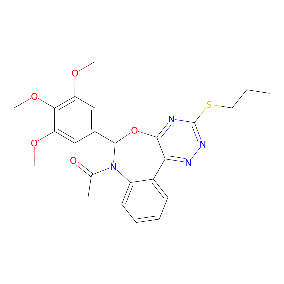 1-[3-propylsulfanyl-6-(3,4,5-trimethoxyphenyl)-6H-[1,2,4]triazino[5,6-d][3,1]benzoxazepin-7-yl]ethanone molecular structure, CAS 354777-88-1