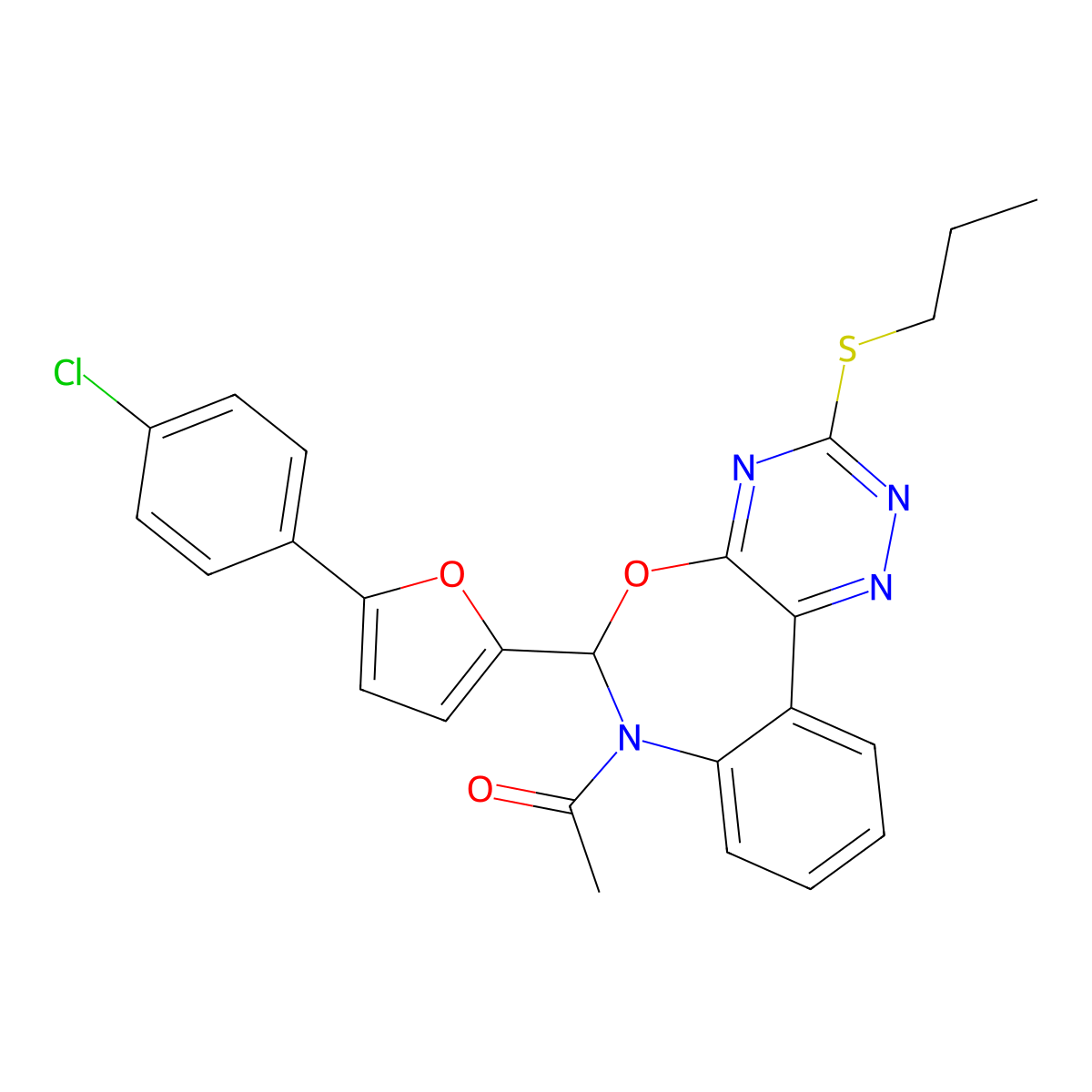 1-[6-[5-(4-chlorophenyl)furan-2-yl]-3-propylsulfanyl-6H-[1,2,4]triazino[5,6-d][3,1]benzoxazepin-7-yl]ethanone molecular structure, CAS 354777-89-2