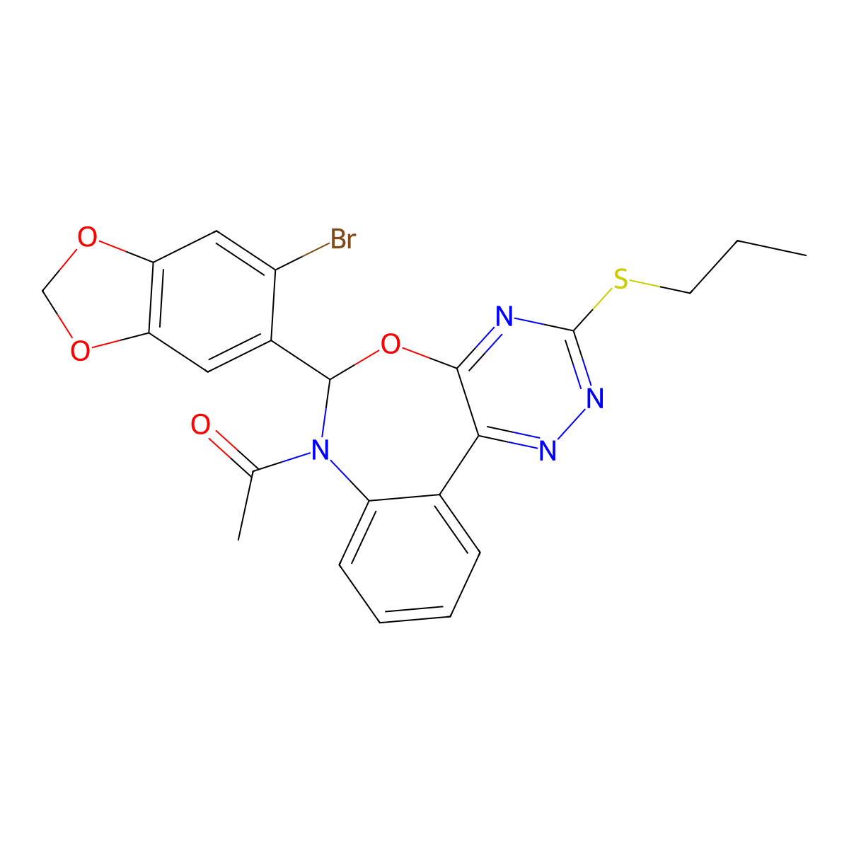 1-[6-(6-bromo-1,3-benzodioxol-5-yl)-3-propylsulfanyl-6H-[1,2,4]triazino[5,6-d][3,1]benzoxazepin-7-yl]ethanone molecular structure, CAS 354778-02-2