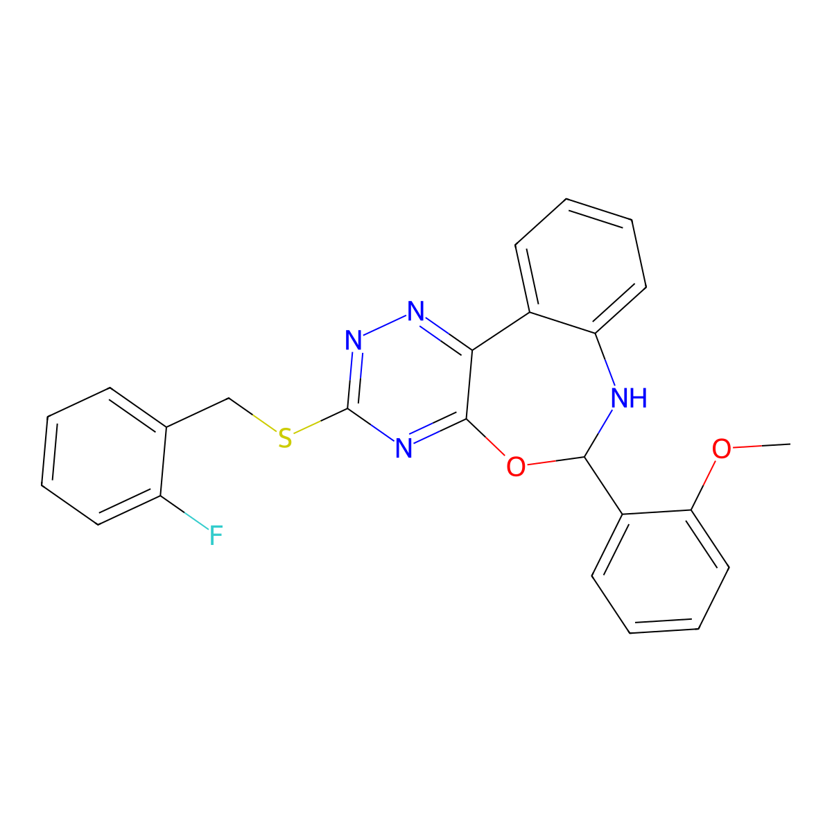 3-[(2-Fluorophenyl)methylsulfanyl]-6-(2-methoxyphenyl)-6,7-dihydro-[1,2,4]triazino[5,6-d][3,1]benzoxazepine molecular structure, CAS 354778-34-0