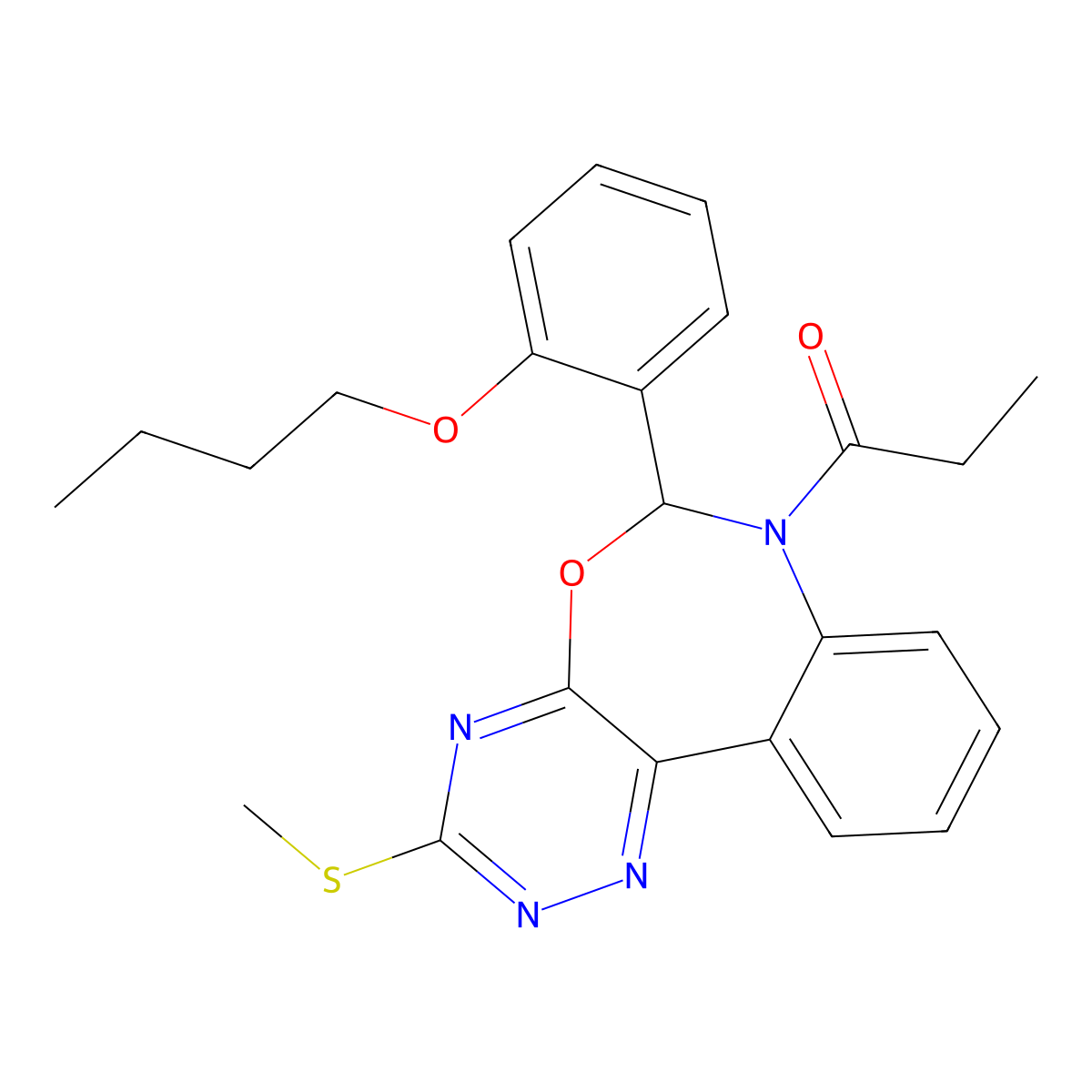 1-[6-(2-butoxyphenyl)-3-methylsulfanyl-6H-[1,2,4]triazino[5,6-d][3,1]benzoxazepin-7-yl]propan-1-one molecular structure, CAS 354778-41-9