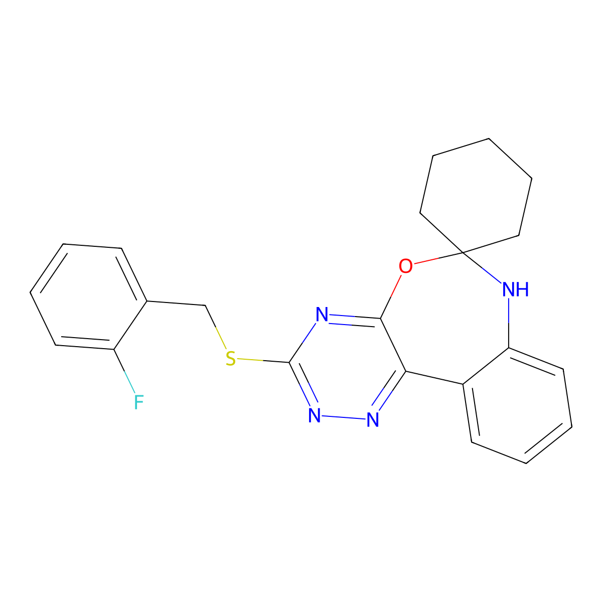 3-[(2-fluorophenyl)methylsulfanyl]spiro[7H-[1,2,4]triazino[5,6-d][3,1]benzoxazepine-6,1'-cyclohexane] molecular structure, CAS 354778-43-1