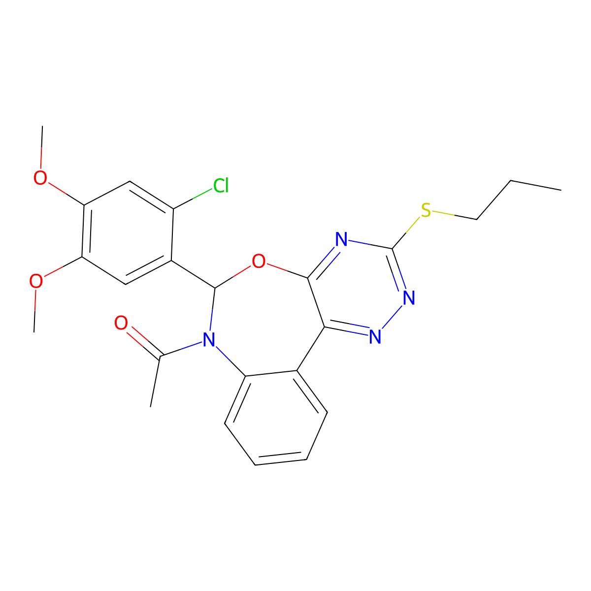 1-[6-(2-chloro-4,5-dimethoxyphenyl)-3-propylsulfanyl-6H-[1,2,4]triazino[5,6-d][3,1]benzoxazepin-7-yl]ethanone molecular structure, CAS 354778-66-8