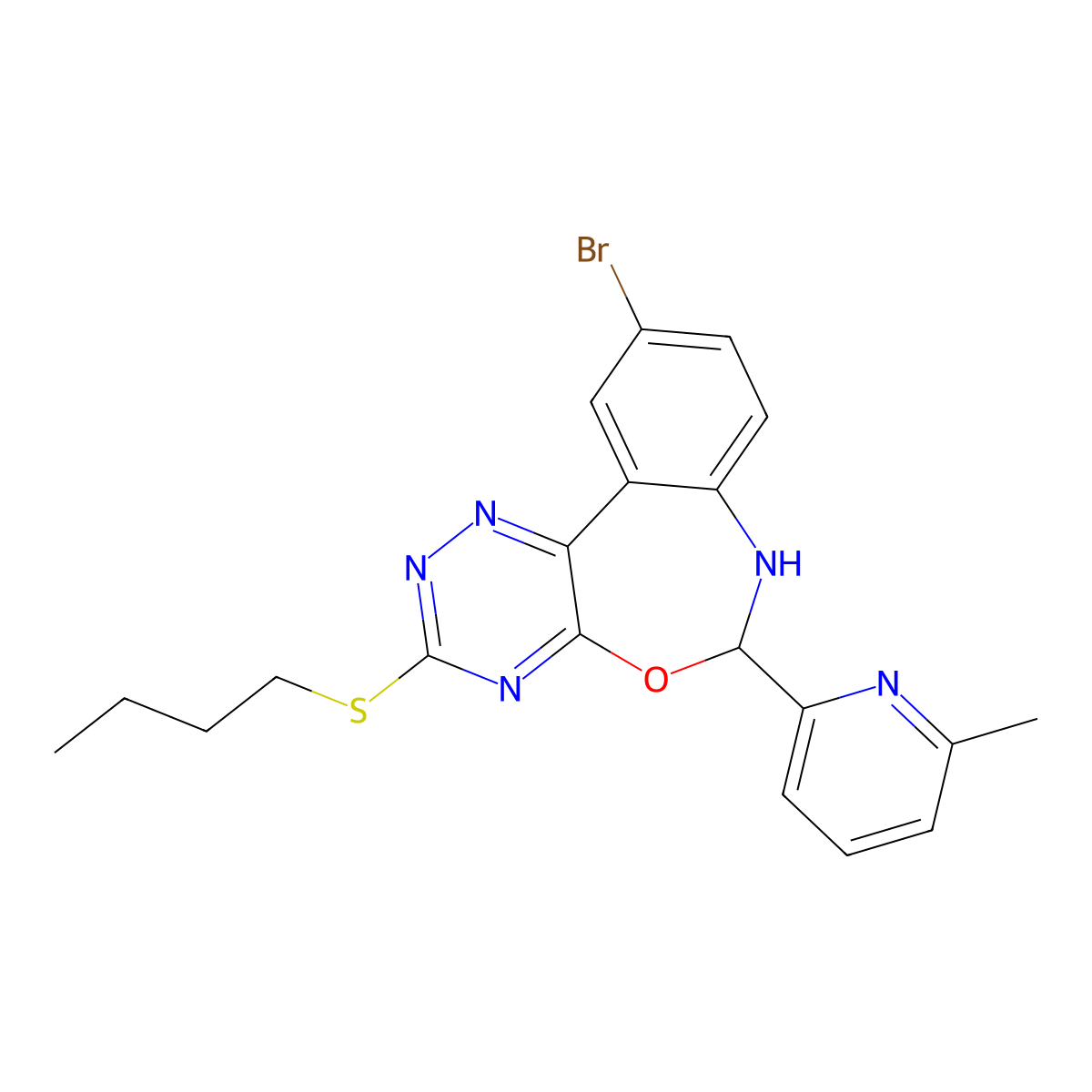 10-Bromo-3-butylsulfanyl-6-(6-methylpyridin-2-yl)-6,7-dihydro-[1,2,4]triazino[5,6-d][3,1]benzoxazepine molecular structure, CAS 354778-71-5