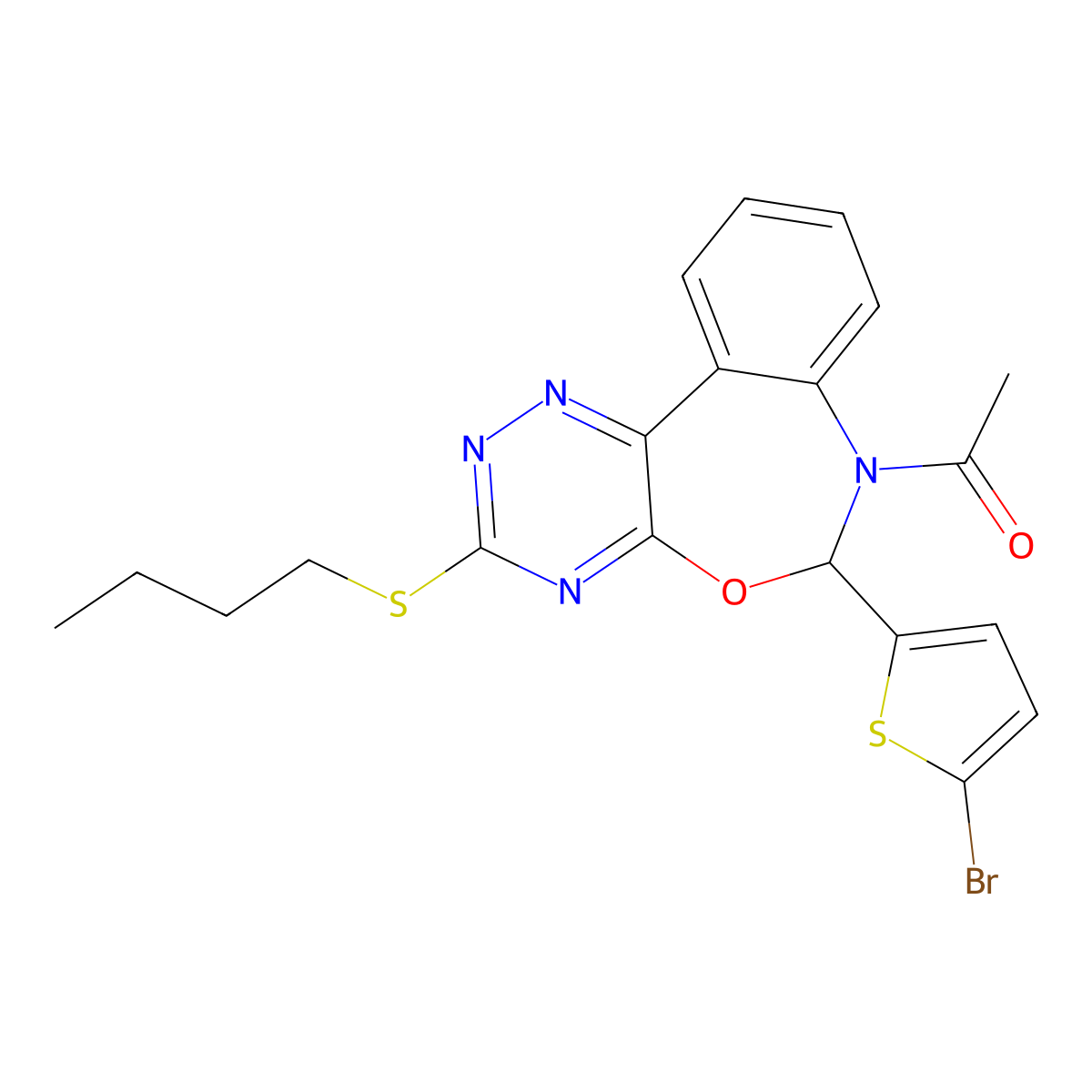 1-[6-(5-bromothiophen-2-yl)-3-butylsulfanyl-6H-[1,2,4]triazino[5,6-d][3,1]benzoxazepin-7-yl]ethanone molecular structure, CAS 354778-74-8