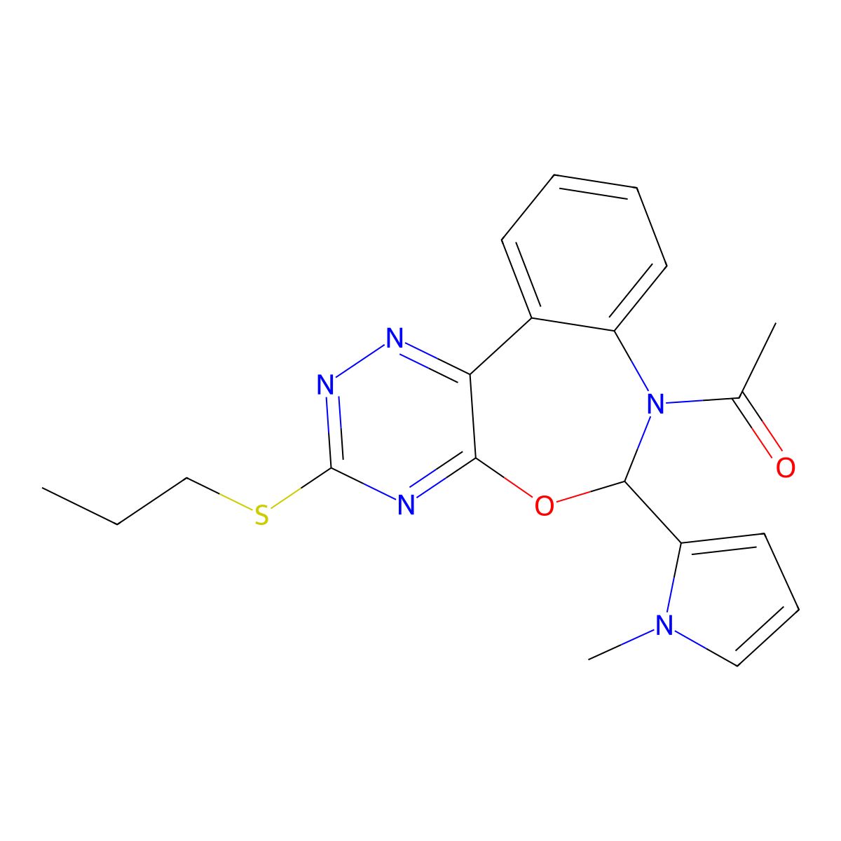 1-[6-(1-methylpyrrol-2-yl)-3-propylsulfanyl-6H-[1,2,4]triazino[5,6-d][3,1]benzoxazepin-7-yl]ethanone molecular structure, CAS 354778-96-4