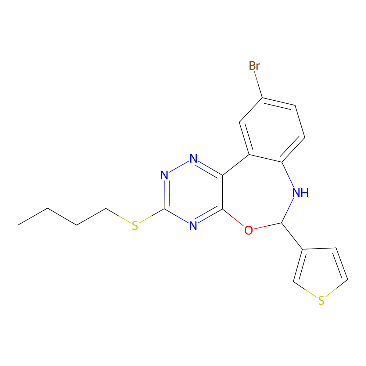 10-Bromo-3-butylsulfanyl-6-thiophen-3-yl-6,7-dihydro-[1,2,4]triazino[5,6-d][3,1]benzoxazepine molecular structure, CAS 354779-11-6