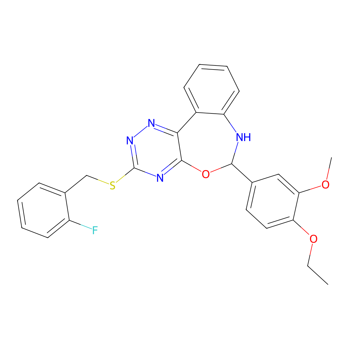 6-(4-Ethoxy-3-methoxyphenyl)-3-[(2-fluorophenyl)methylsulfanyl]-6,7-dihydro-[1,2,4]triazino[5,6-d][3,1]benzoxazepine molecular structure, CAS 354779-12-7