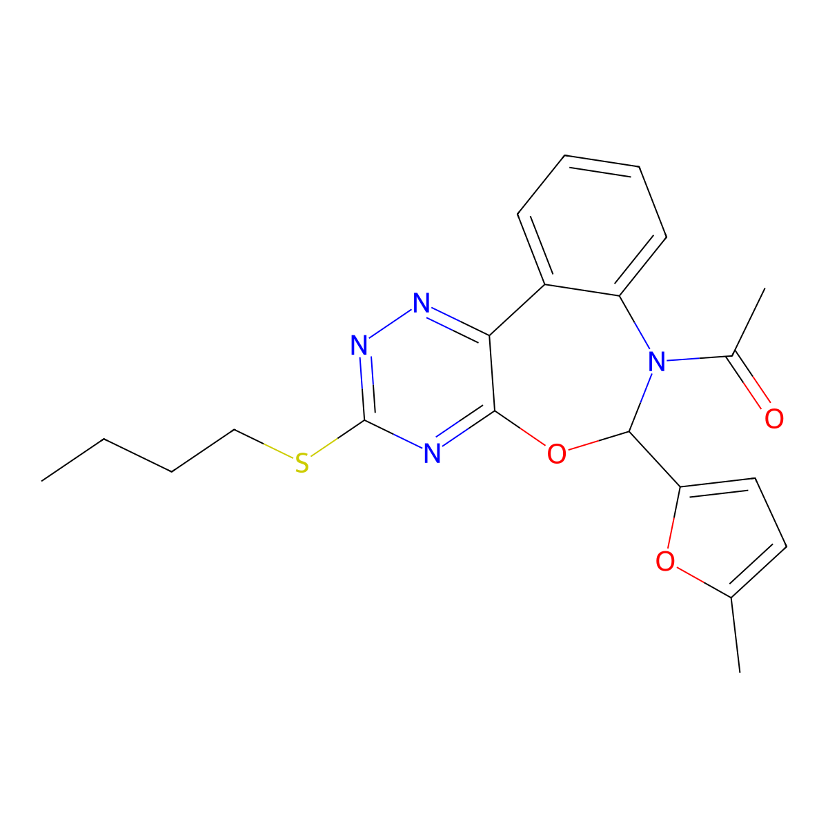 1-[3-butylsulfanyl-6-(5-methylfuran-2-yl)-6H-[1,2,4]triazino[5,6-d][3,1]benzoxazepin-7-yl]ethanone molecular structure, CAS 354780-60-2