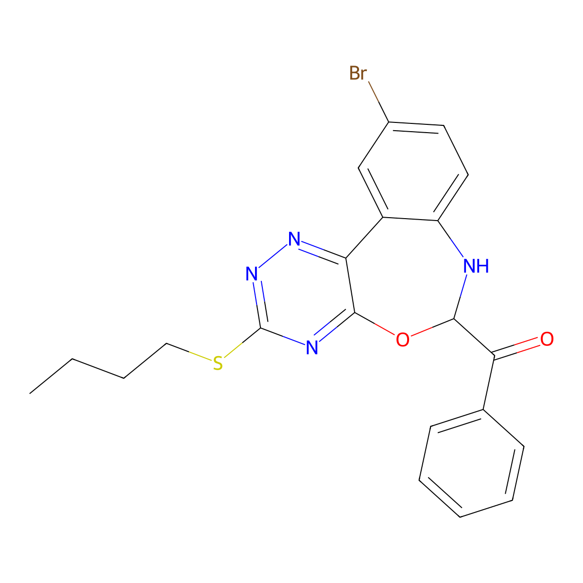 (10-Bromo-3-butylsulfanyl-6,7-dihydro-[1,2,4]triazino[5,6-d][3,1]benzoxazepin-6-yl)-phenylmethanone molecular structure, CAS 354780-72-6