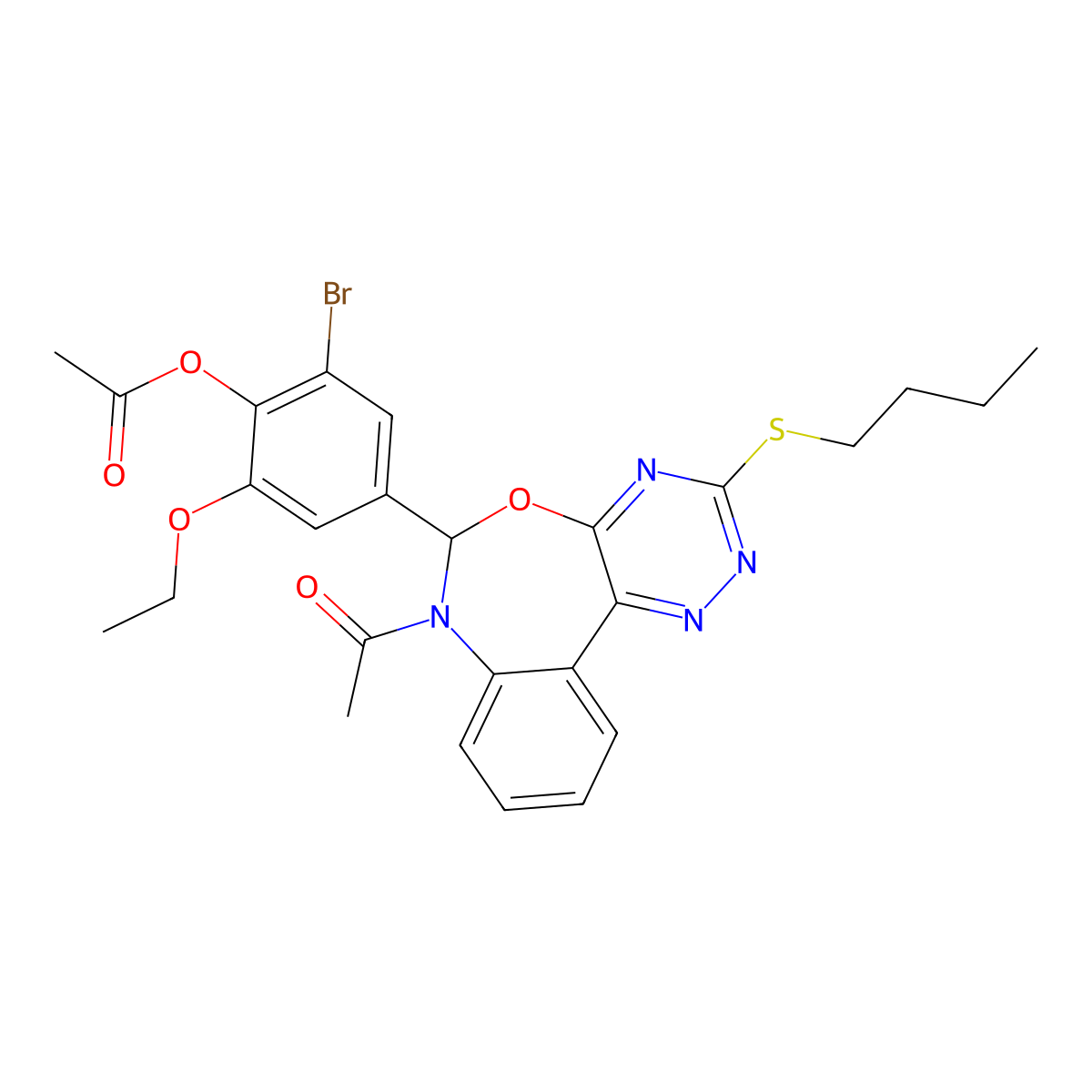 4-[7-Acetyl-3-(butylsulfanyl)-6,7-dihydro[1,2,4]triazino[5,6-d][3,1]benzoxazepin-6-yl]-2-bromo-6-ethoxyphenyl acetate molecular structure, CAS 354781-33-2