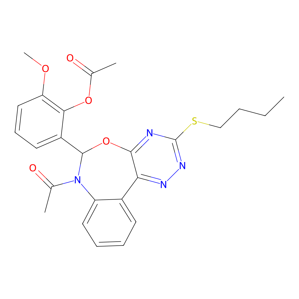 2-[7-Acetyl-3-(butylsulfanyl)-6,7-dihydro[1,2,4]triazino[5,6-d][3,1]benzoxazepin-6-yl]-6-methoxyphenyl acetate molecular structure, CAS 354781-50-3
