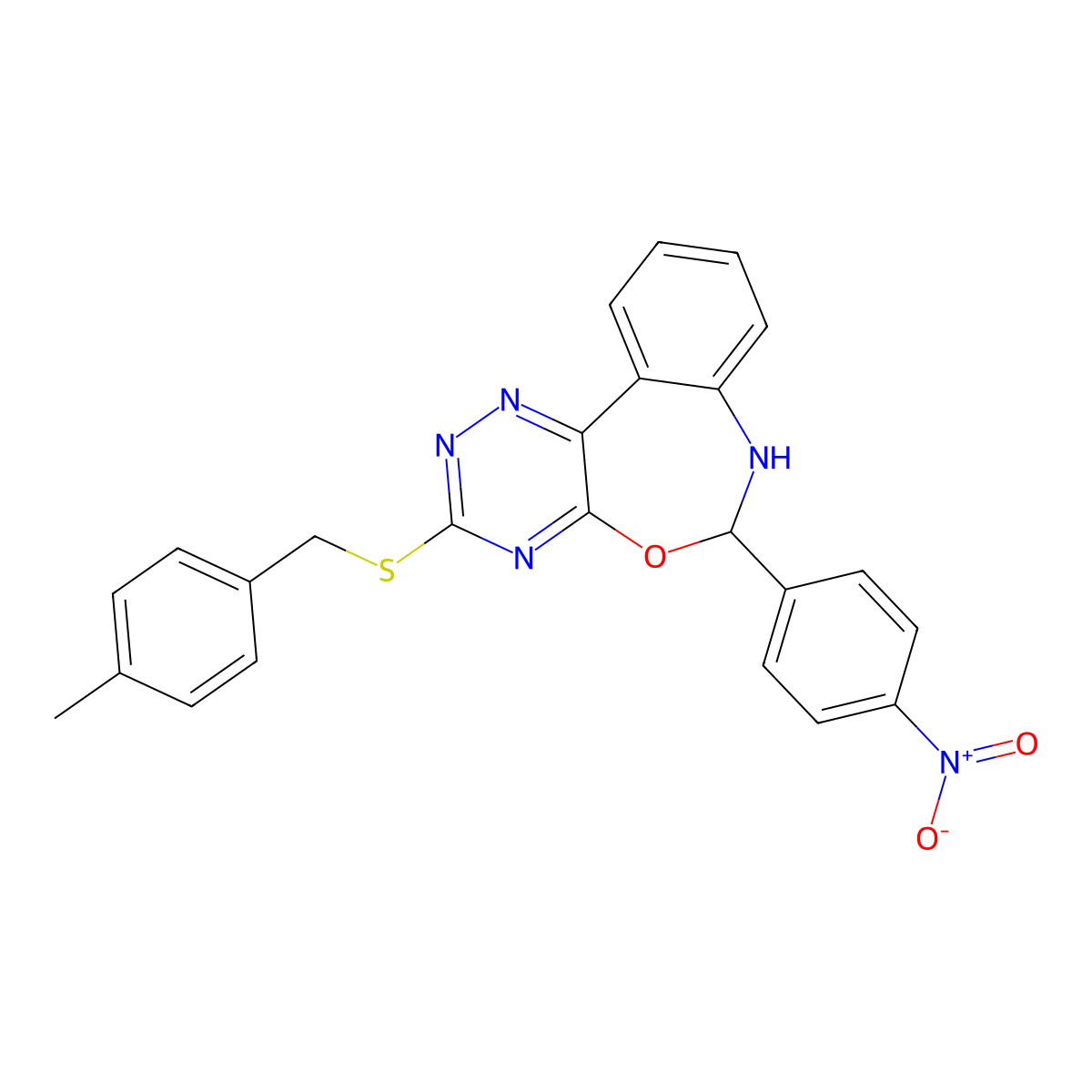 3-[(4-Methylphenyl)methylsulfanyl]-6-(4-nitrophenyl)-6,7-dihydro-[1,2,4]triazino[5,6-d][3,1]benzoxazepine molecular structure, CAS 354782-00-6
