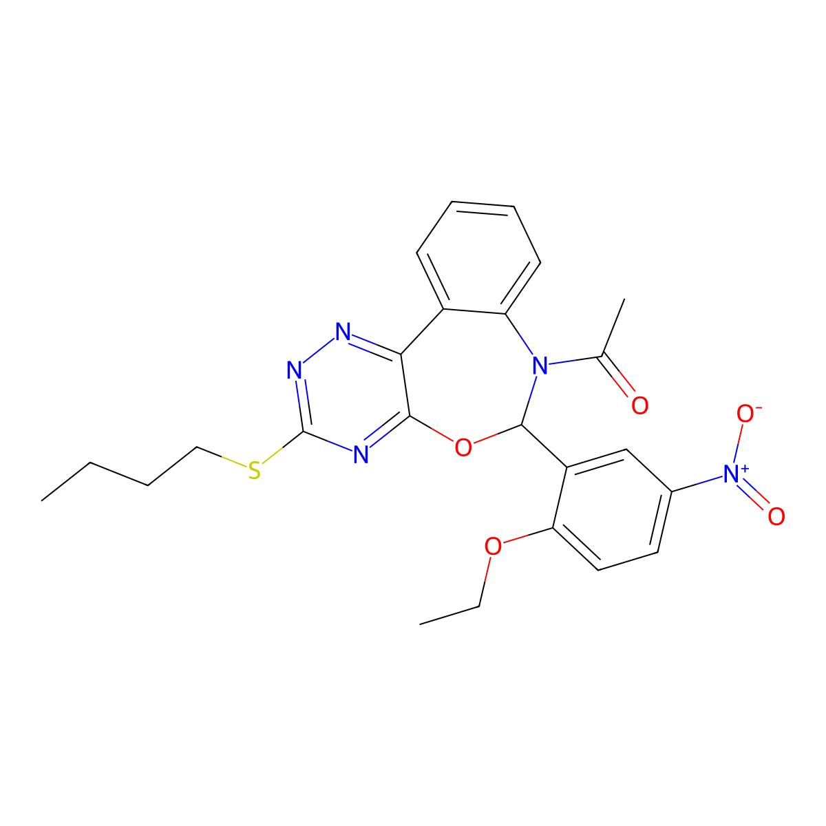 1-[3-butylsulfanyl-6-(2-ethoxy-5-nitrophenyl)-6H-[1,2,4]triazino[5,6-d][3,1]benzoxazepin-7-yl]ethanone molecular structure, CAS 354782-13-1