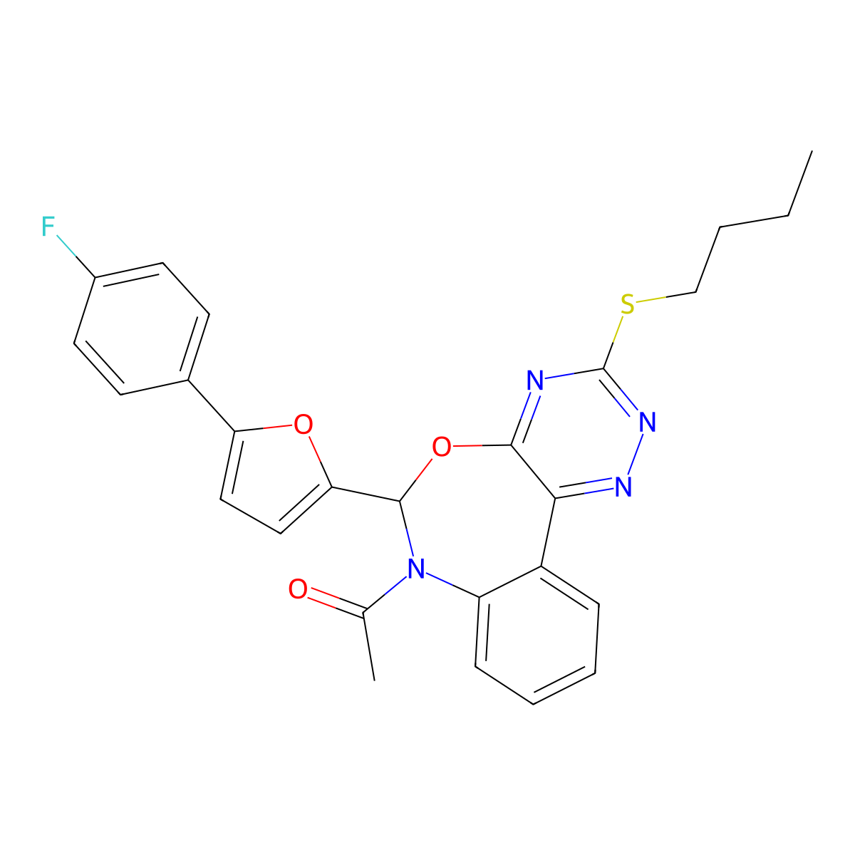 1-[3-butylsulfanyl-6-[5-(4-fluorophenyl)furan-2-yl]-6H-[1,2,4]triazino[5,6-d][3,1]benzoxazepin-7-yl]ethanone molecular structure, CAS 354782-50-6