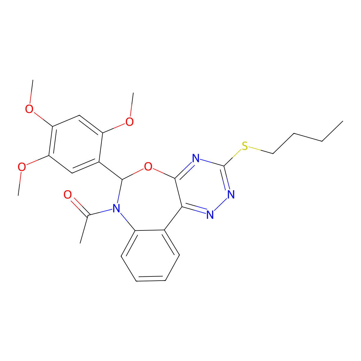 1-[3-butylsulfanyl-6-(2,4,5-trimethoxyphenyl)-6H-[1,2,4]triazino[5,6-d][3,1]benzoxazepin-7-yl]ethanone molecular structure, CAS 354782-75-5