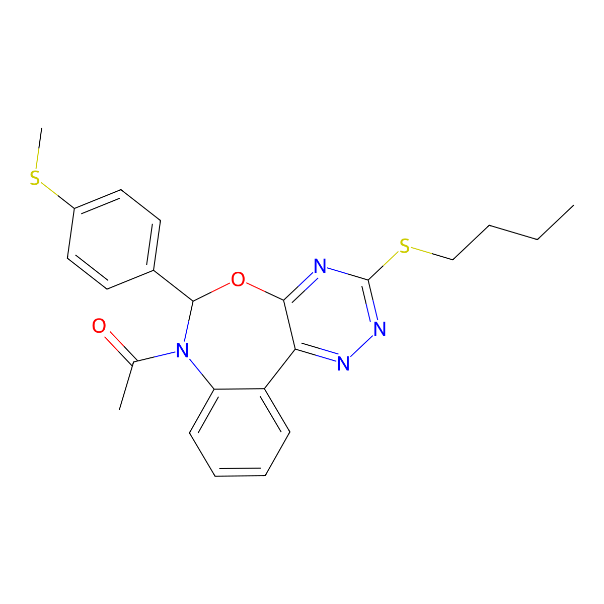 1-[3-butylsulfanyl-6-(4-methylsulfanylphenyl)-6H-[1,2,4]triazino[5,6-d][3,1]benzoxazepin-7-yl]ethanone molecular structure, CAS 354782-84-6