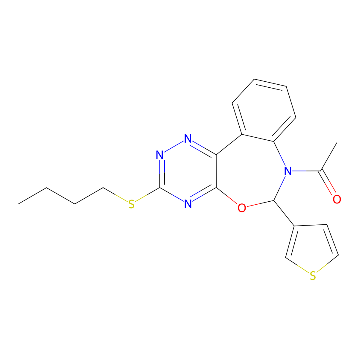 1-(3-butylsulfanyl-6-thiophen-3-yl-6H-[1,2,4]triazino[5,6-d][3,1]benzoxazepin-7-yl)ethanone molecular structure, CAS 354783-11-2