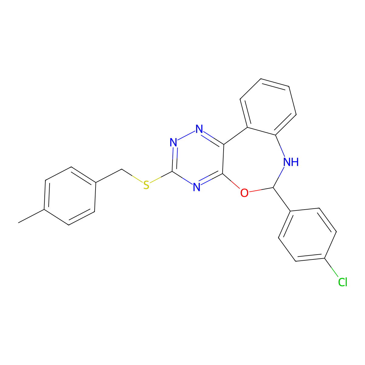 6-(4-Chlorophenyl)-3-[(4-methylphenyl)methylsulfanyl]-6,7-dihydro-[1,2,4]triazino[5,6-d][3,1]benzoxazepine molecular structure, CAS 354783-25-8