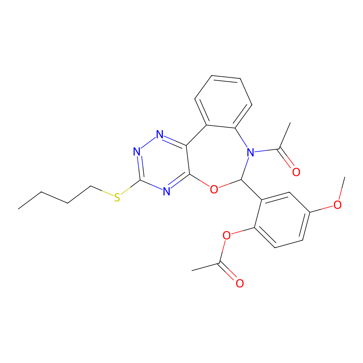 2-[7-Acetyl-3-(butylsulfanyl)-6,7-dihydro[1,2,4]triazino[5,6-d][3,1]benzoxazepin-6-yl]-4-methoxyphenyl acetate molecular structure, CAS 354783-45-2