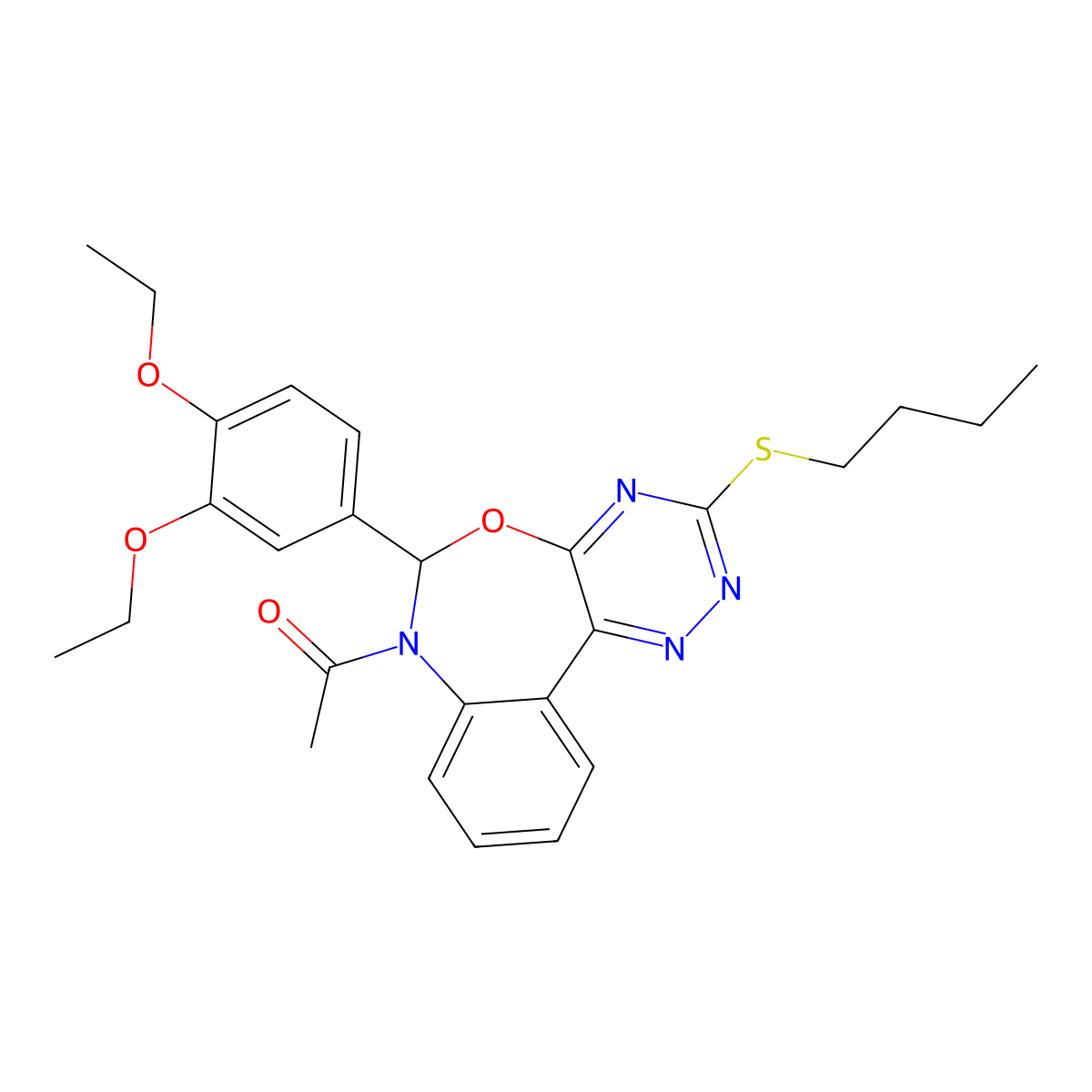 1-[3-butylsulfanyl-6-(3,4-diethoxyphenyl)-6H-[1,2,4]triazino[5,6-d][3,1]benzoxazepin-7-yl]ethanone molecular structure, CAS 354785-00-5