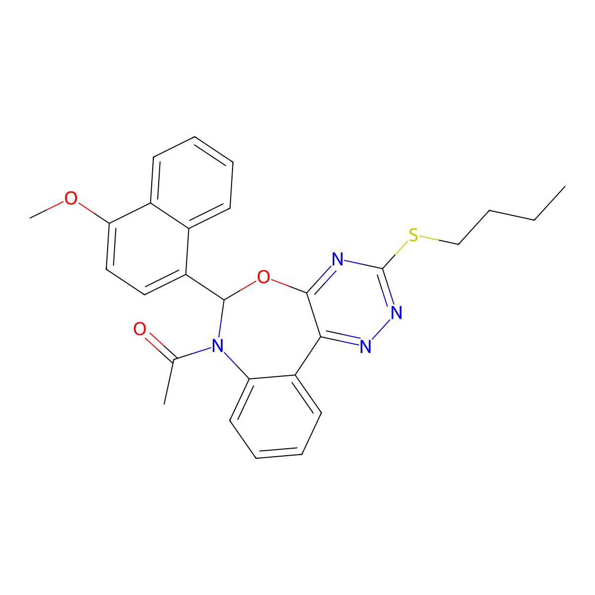 1-[3-butylsulfanyl-6-(4-methoxynaphthalen-1-yl)-6H-[1,2,4]triazino[5,6-d][3,1]benzoxazepin-7-yl]ethanone molecular structure, CAS 354785-82-3