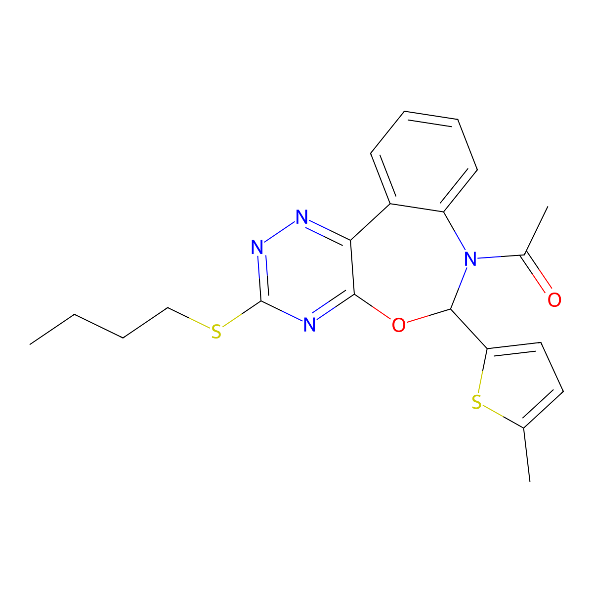 1-[3-butylsulfanyl-6-(5-methylthiophen-2-yl)-6H-[1,2,4]triazino[5,6-d][3,1]benzoxazepin-7-yl]ethanone molecular structure, CAS 354786-06-4