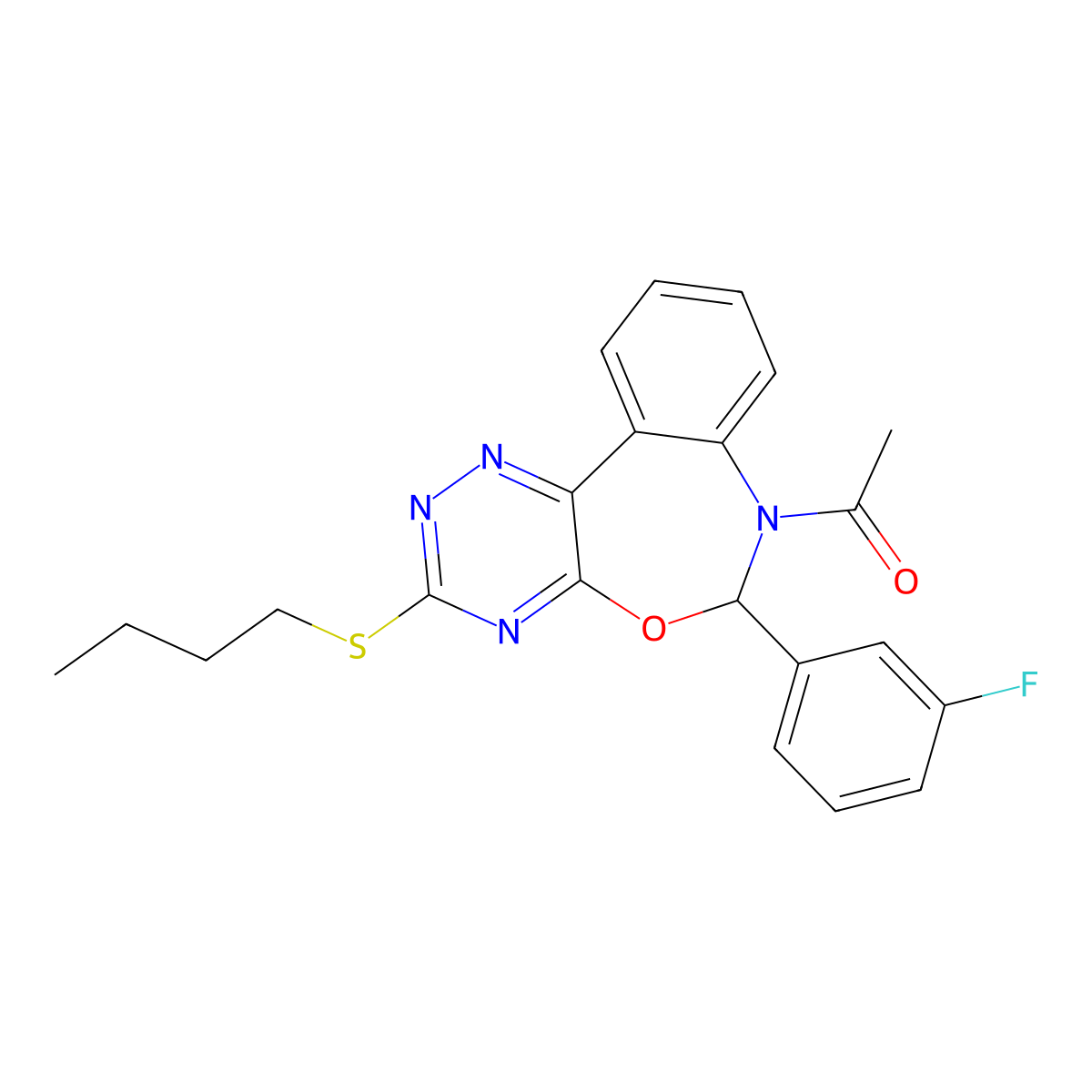 1-[3-butylsulfanyl-6-(3-fluorophenyl)-6H-[1,2,4]triazino[5,6-d][3,1]benzoxazepin-7-yl]ethanone molecular structure, CAS 354786-09-7