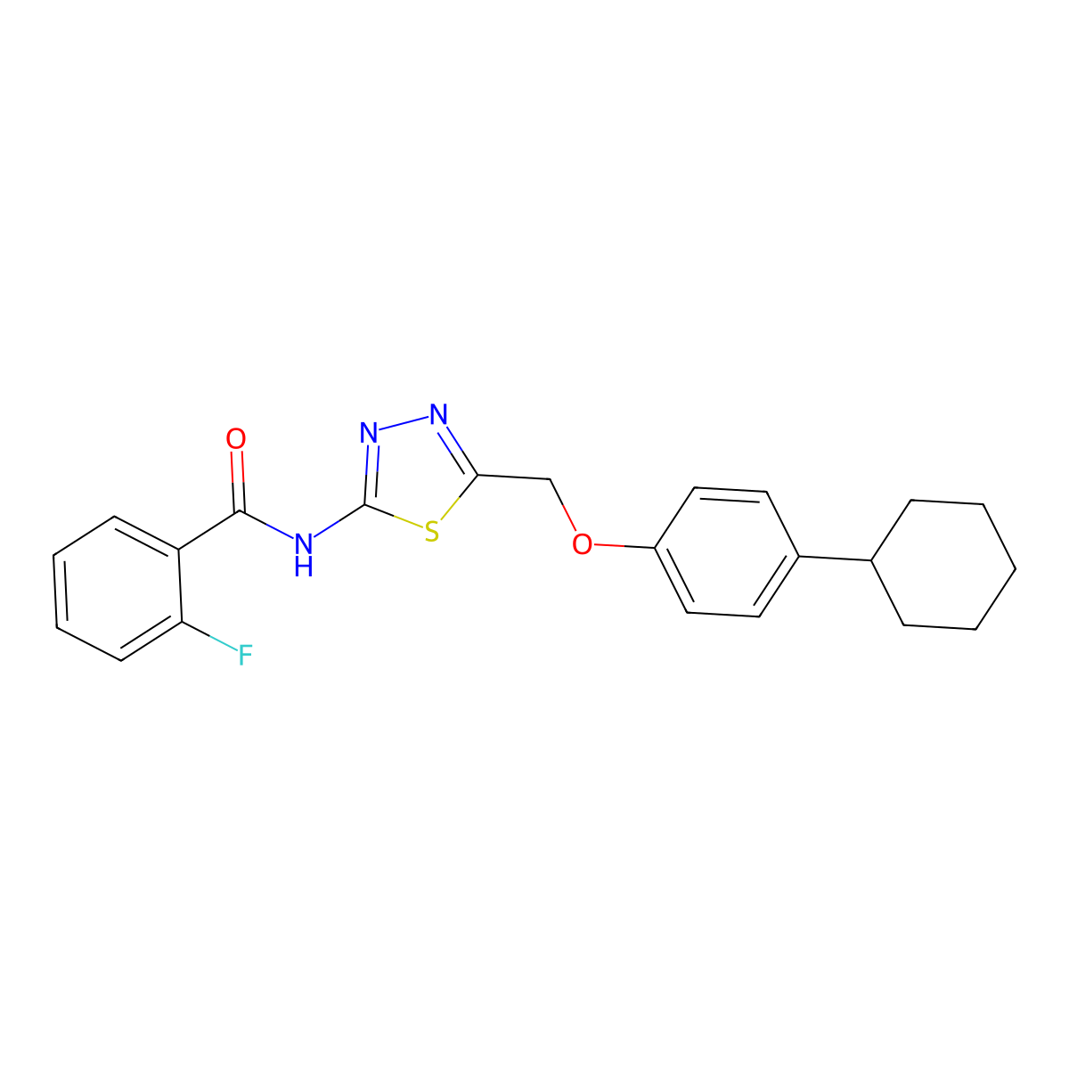 N-{5-[(4-cyclohexylphenoxy)methyl]-1,3,4-thiadiazol-2-yl}-2-fluorobenzamide molecular structure, CAS 354787-75-0