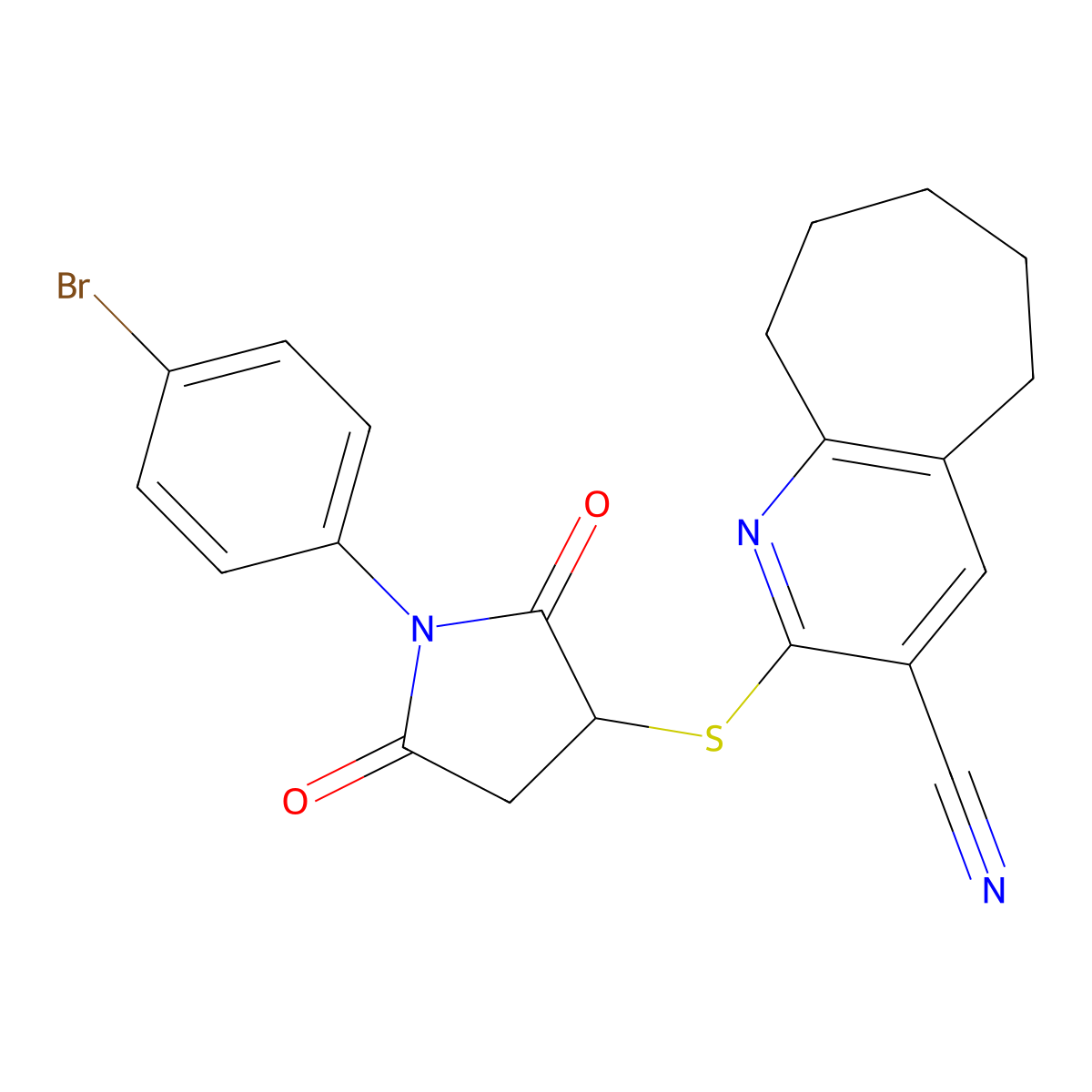 2-{[1-(4-Bromophenyl)-2,5-dioxopyrrolidin-3-YL]sulfanyl}-5H,6H,7H,8H,9H-cyclohepta[B]pyridine-3-carbonitrile molecular structure, CAS 354788-07-1