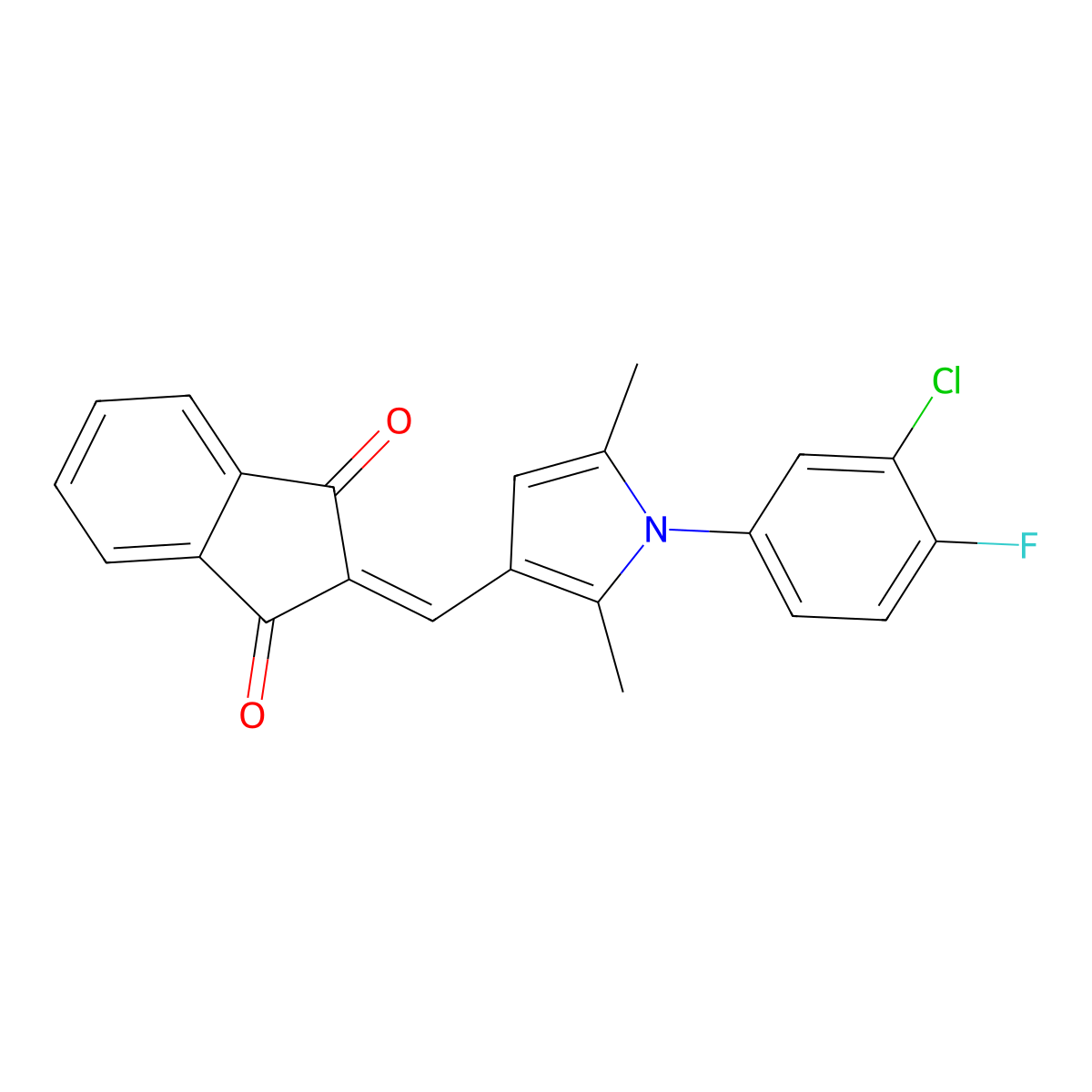 2-[[1-(3-Chloro-4-fluorophenyl)-2,5-dimethylpyrrol-3-yl]methylidene]indene-1,3-dione molecular structure, CAS 354789-44-9
