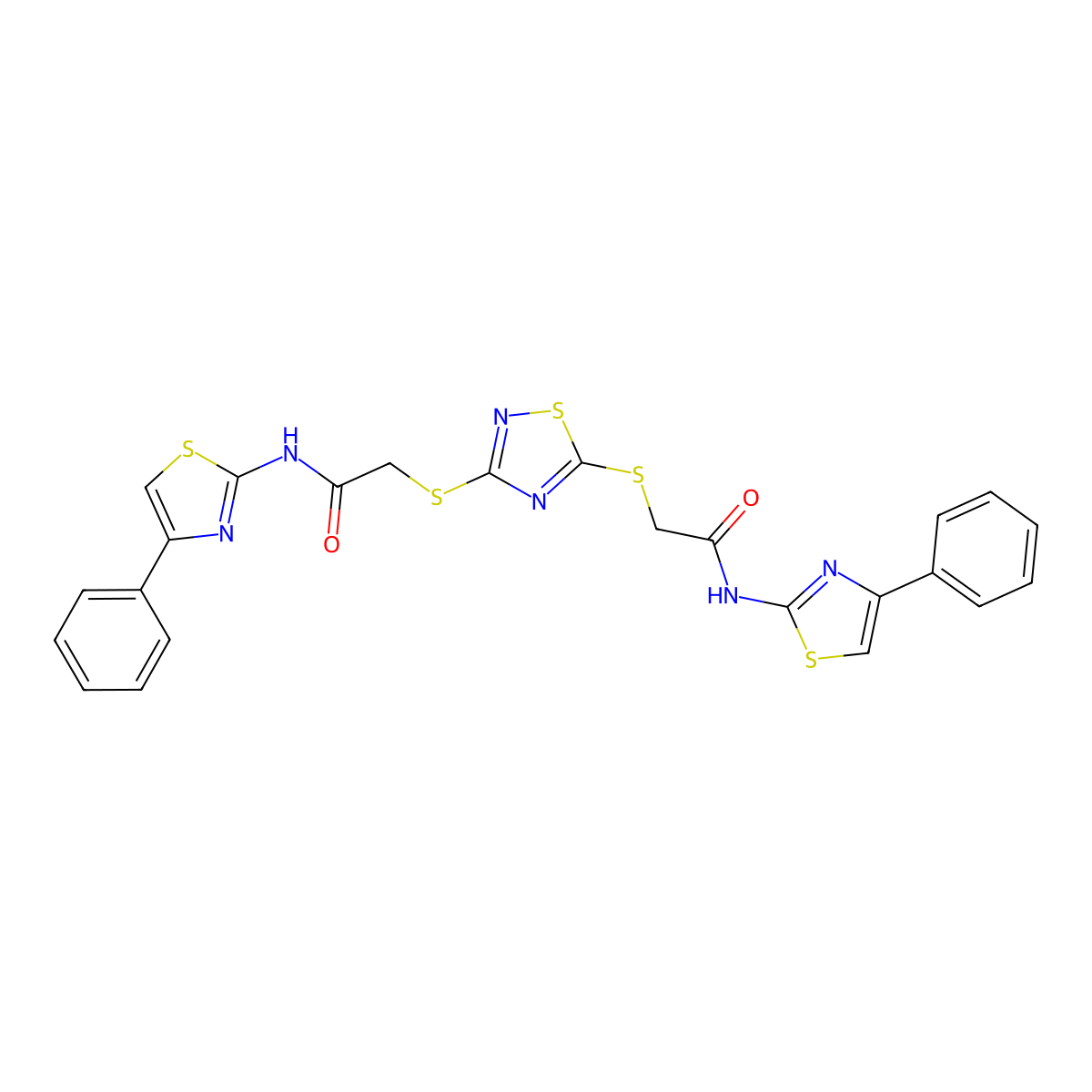 2-((3-((2-Oxo-2-((4-phenyl-1,3-thiazol-2-YL)amino)ethyl)sulfanyl)-1,2,4-thiadiazol-5-YL)sulfanyl)-N-(4-phenyl-1,3-thiazol-2-YL)acetamide molecular structure, CAS 354792-82-8
