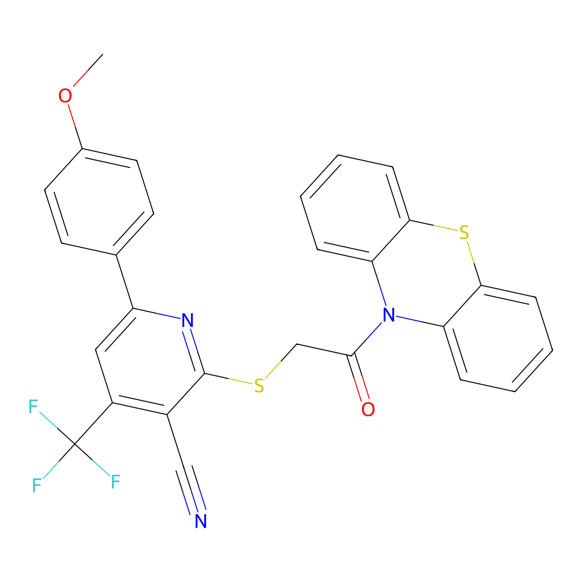 6-(4-Methoxyphenyl)-2-(2-oxo-2-phenothiazin-10-ylethyl)sulfanyl-4-(trifluoromethyl)pyridine-3-carbonitrile molecular structure, CAS 354793-69-4