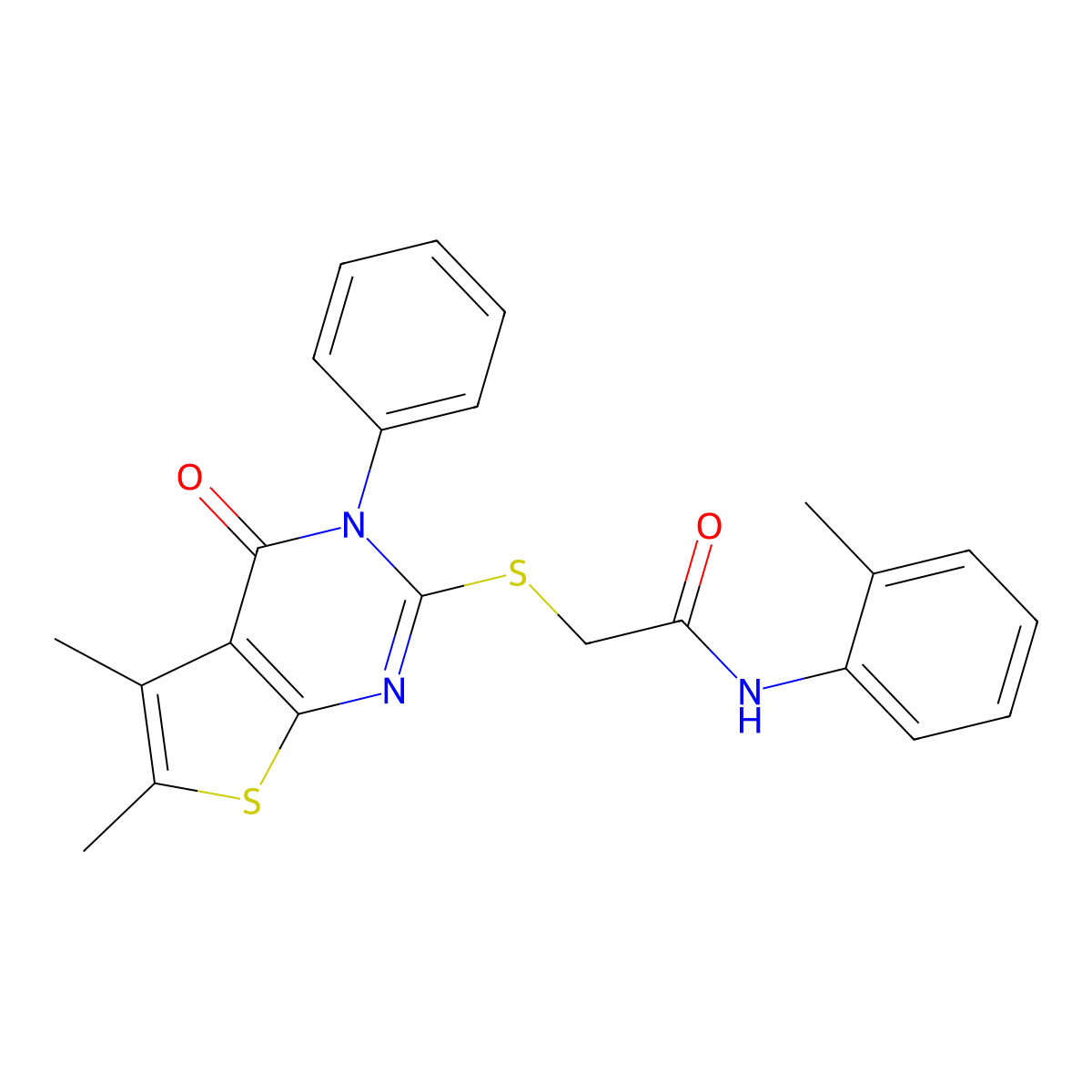 2-(5,6-dimethyl-4-oxo-3-phenylthieno[2,3-d]pyrimidin-2-yl)sulfanyl-N-(2-methylphenyl)acetamide molecular structure, CAS 354795-47-4