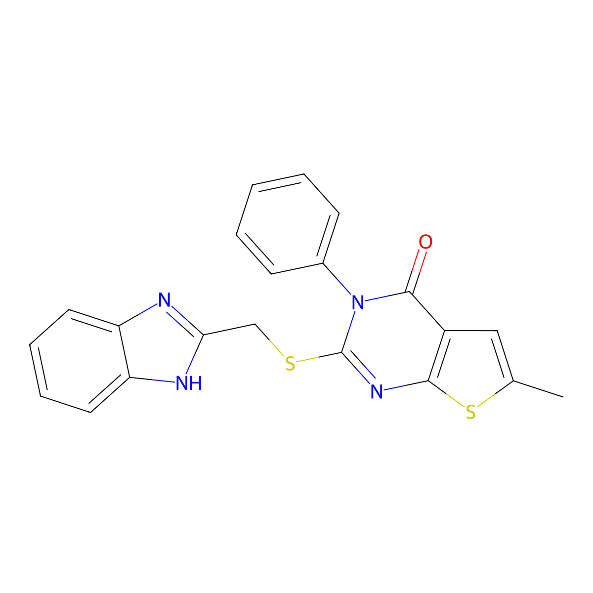 2-(((1H-benzo[d]imidazol-2-yl)methyl)thio)-6-methyl-3-phenylthieno[2,3-d]pyrimidin-4(3H)-one molecular structure, CAS 354795-51-0