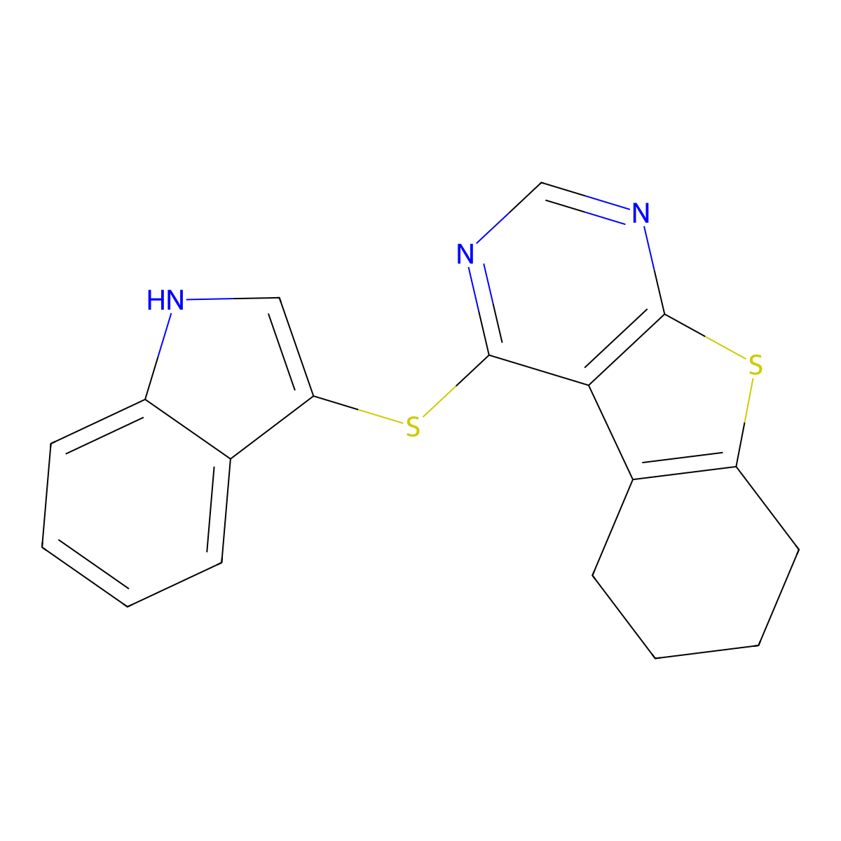 4-(1H-indol-3-ylsulfanyl)-5,6,7,8-tetrahydro[1]benzothieno[2,3-d]pyrimidine molecular structure, CAS 354795-61-2