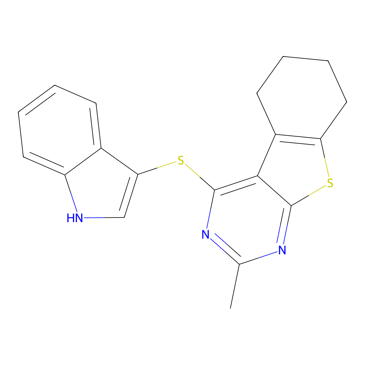 4-(1H-indol-3-ylsulfanyl)-2-methyl-5,6,7,8-tetrahydro-[1]benzothiolo[2,3-d]pyrimidine molecular structure, CAS 354795-63-4