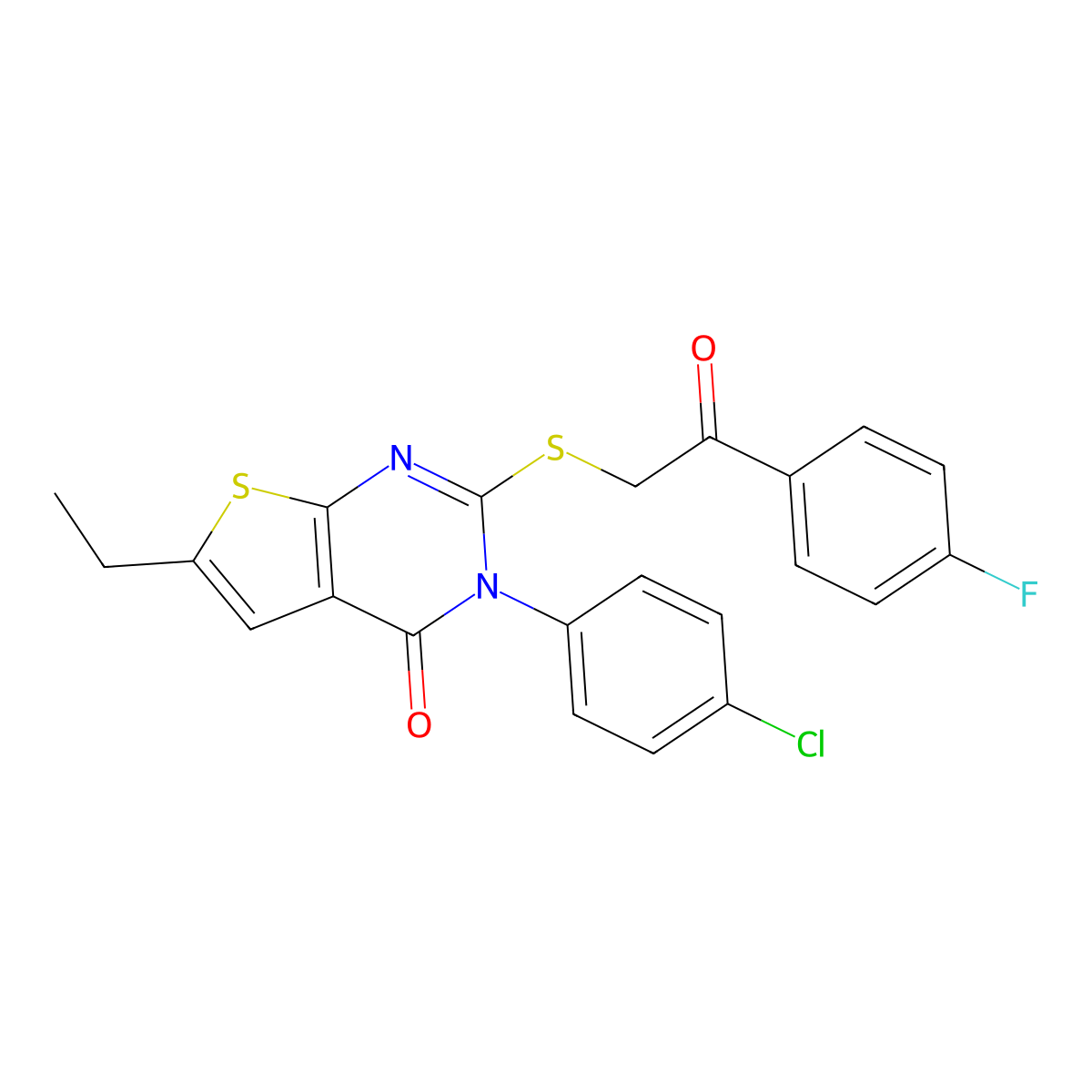 3-(4-Chlorophenyl)-6-ethyl-2-[2-(4-fluorophenyl)-2-oxoethyl]sulfanylthieno[2,3-d]pyrimidin-4-one molecular structure, CAS 354795-75-8