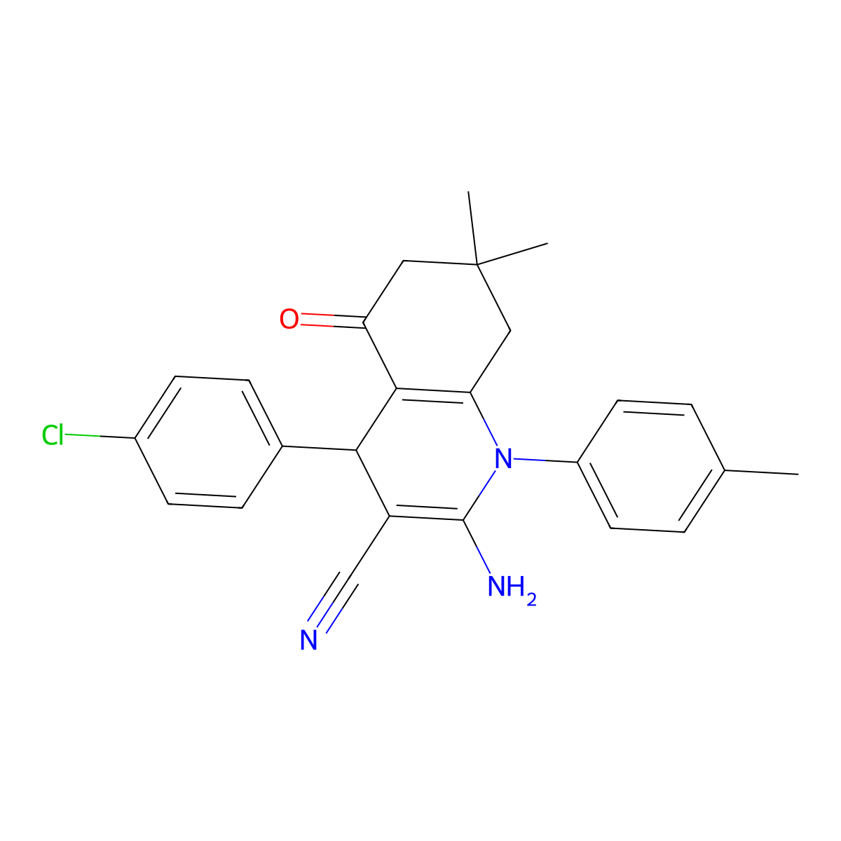 2-Amino-4-(4-chlorophenyl)-7,7-dimethyl-1-(4-methylphenyl)-5-oxo-1,4,5,6,7,8-hexahydro-3-quinolinecarbonitrile molecular structure, CAS 354796-78-4