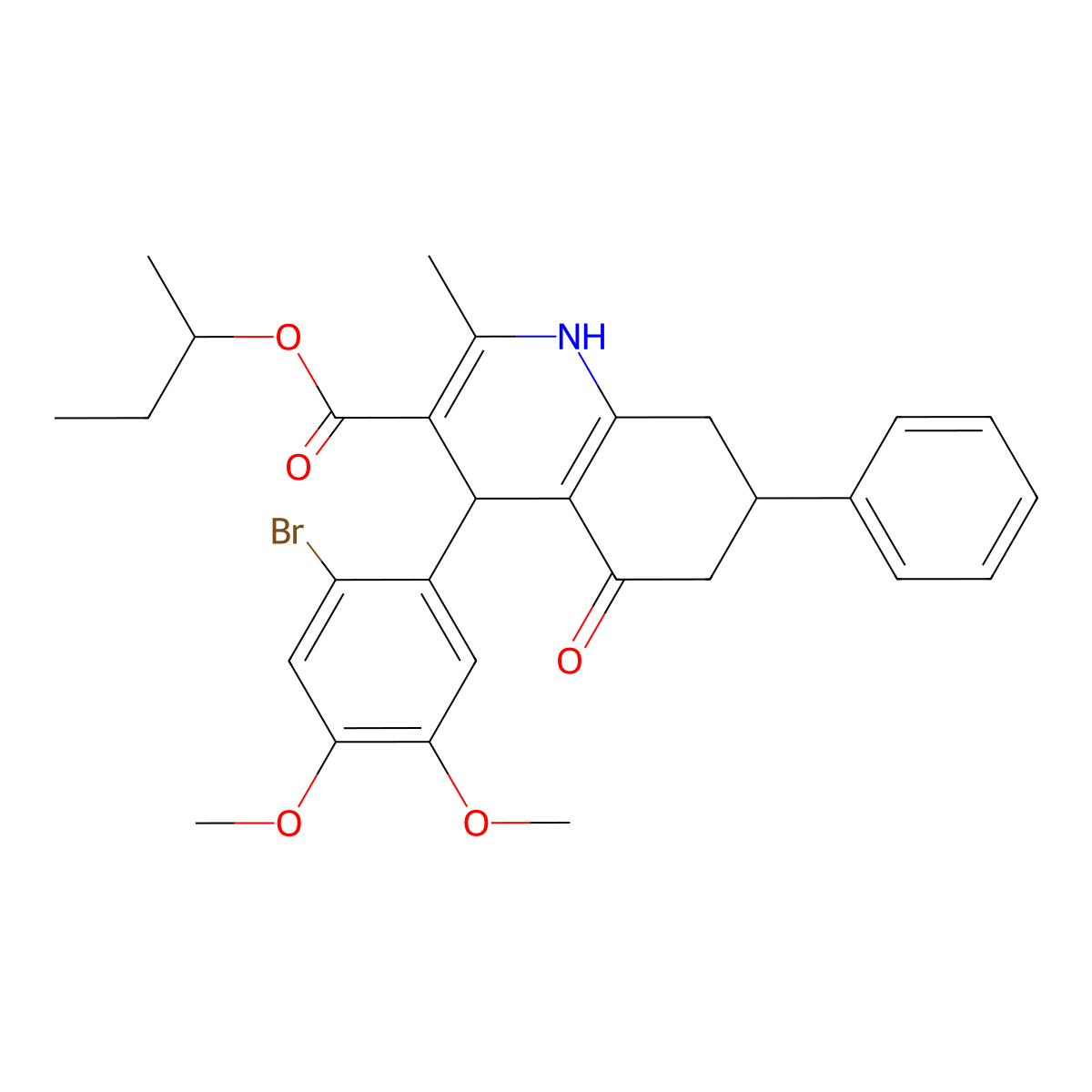 Butan-2-yl 4-(2-bromo-4,5-dimethoxyphenyl)-2-methyl-5-oxo-7-phenyl-1,4,5,6,7,8-hexahydroquinoline-3-carboxylate molecular structure, CAS 354818-27-2