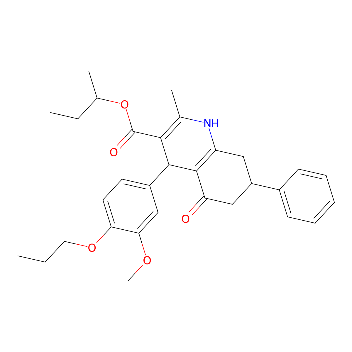 Butan-2-yl 4-(3-methoxy-4-propoxyphenyl)-2-methyl-5-oxo-7-phenyl-1,4,5,6,7,8-hexahydroquinoline-3-carboxylate molecular structure, CAS 354820-40-9